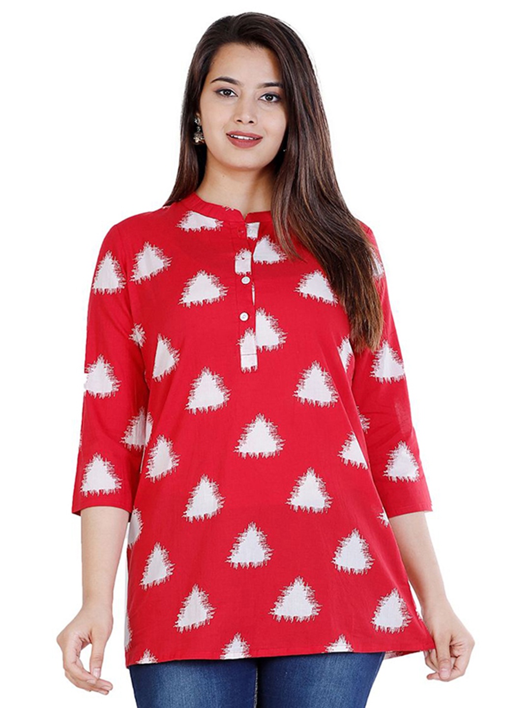 

NNAVDHA Women Abstract Printed Mandarin Collar Cotton A-Line Top, Red