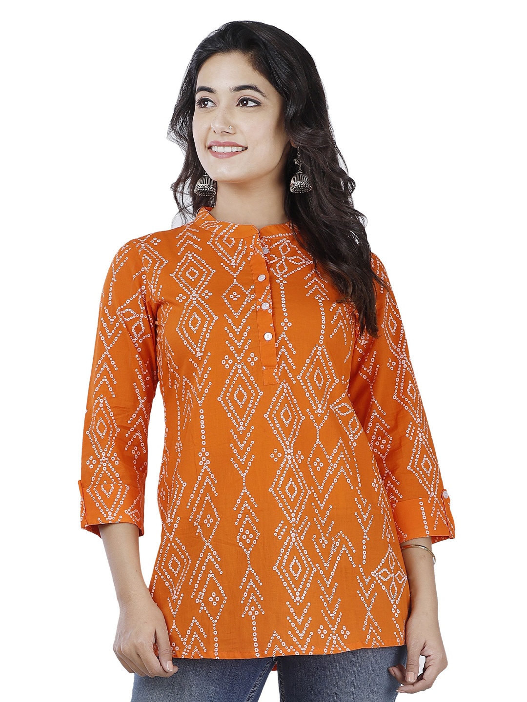 

NNAVDHA Women Printed Mandarin Collar Cotton Top, Orange