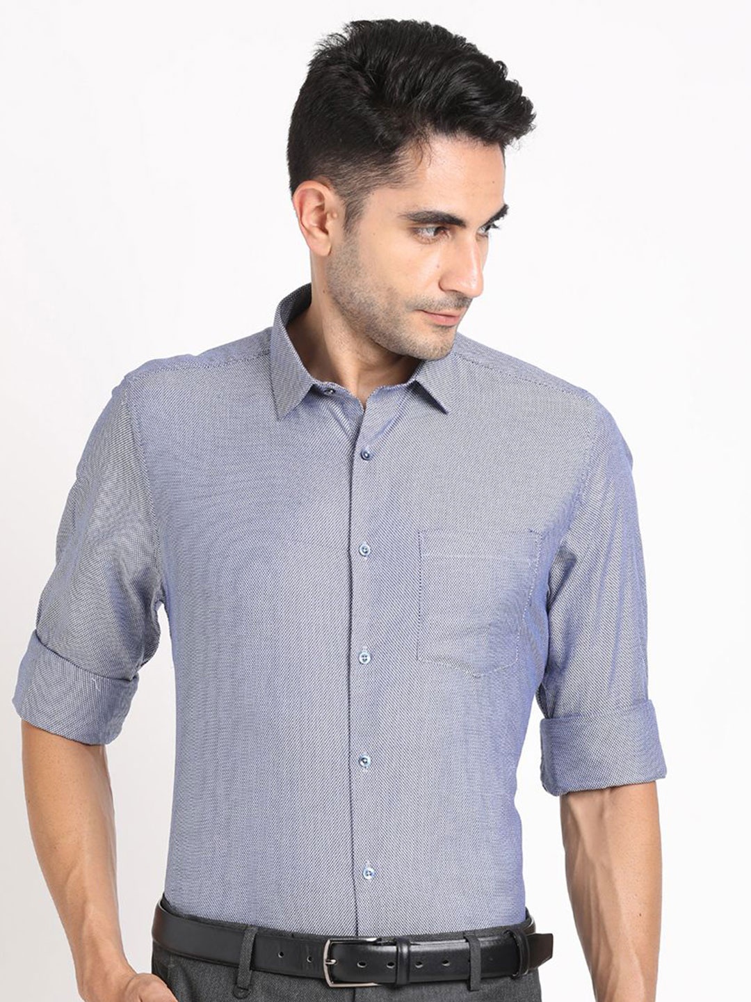 

Turtle Men Standard Slim Fit Spread Collar Micro Ditsy Printed Cotton Formal Shirt, Navy blue