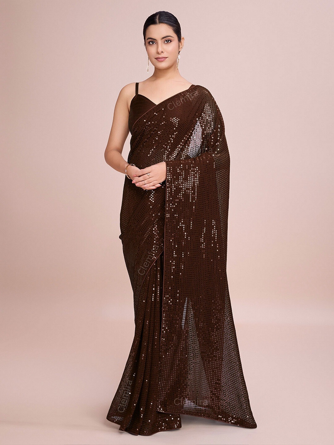 

FashionsEye Embellished Sequinned Pure Georgette Saree, Coffee brown