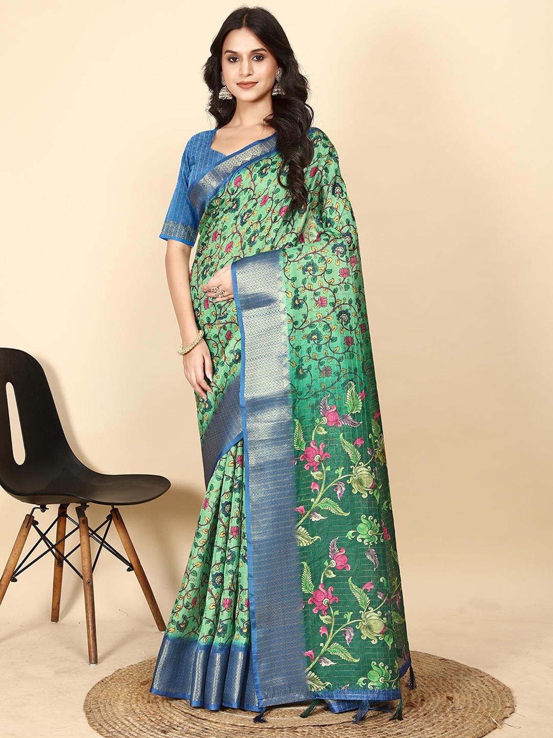 

J 6 DESIGNER Floral Zari Block Print Saree, Green