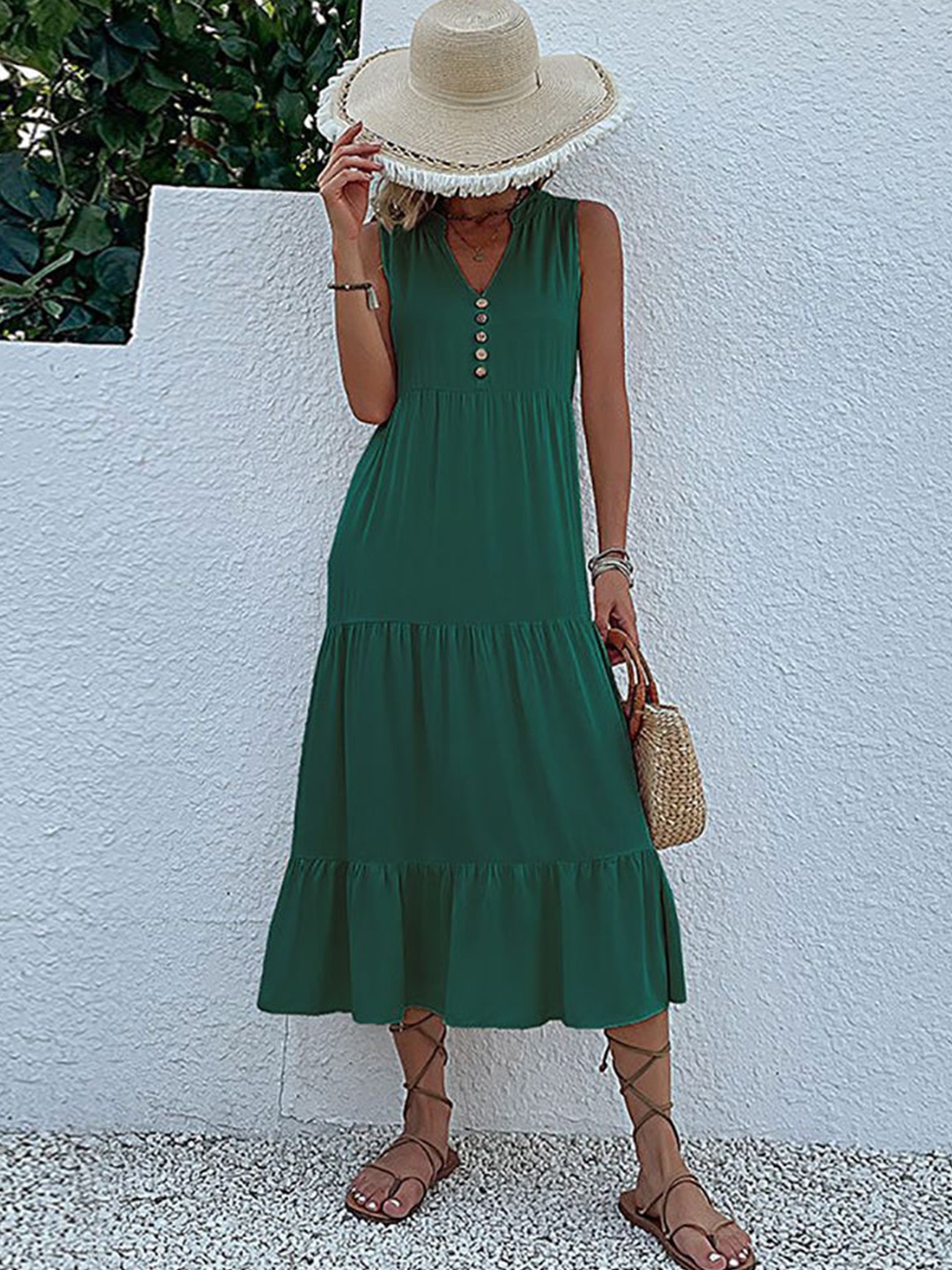 

StyleCast x Revolte Mandarin Collar Sleeveless Tiered A-Line Midi Dress, Green