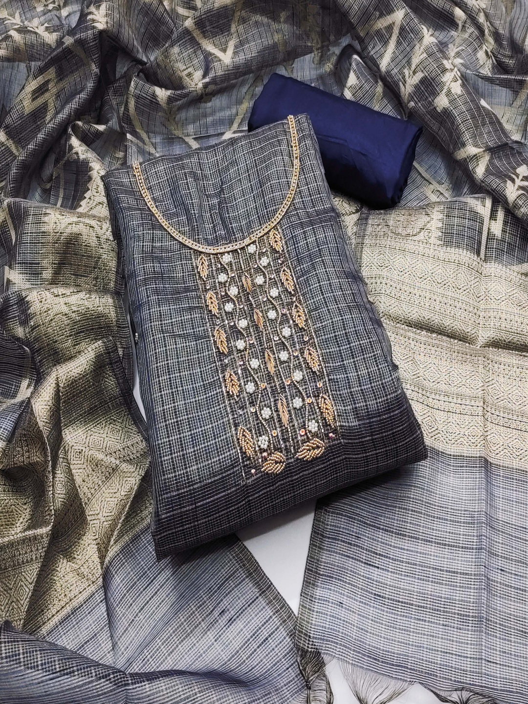 

MANVAA Floral Embroidered Beads and Stones Unstitched Dress Material, Grey