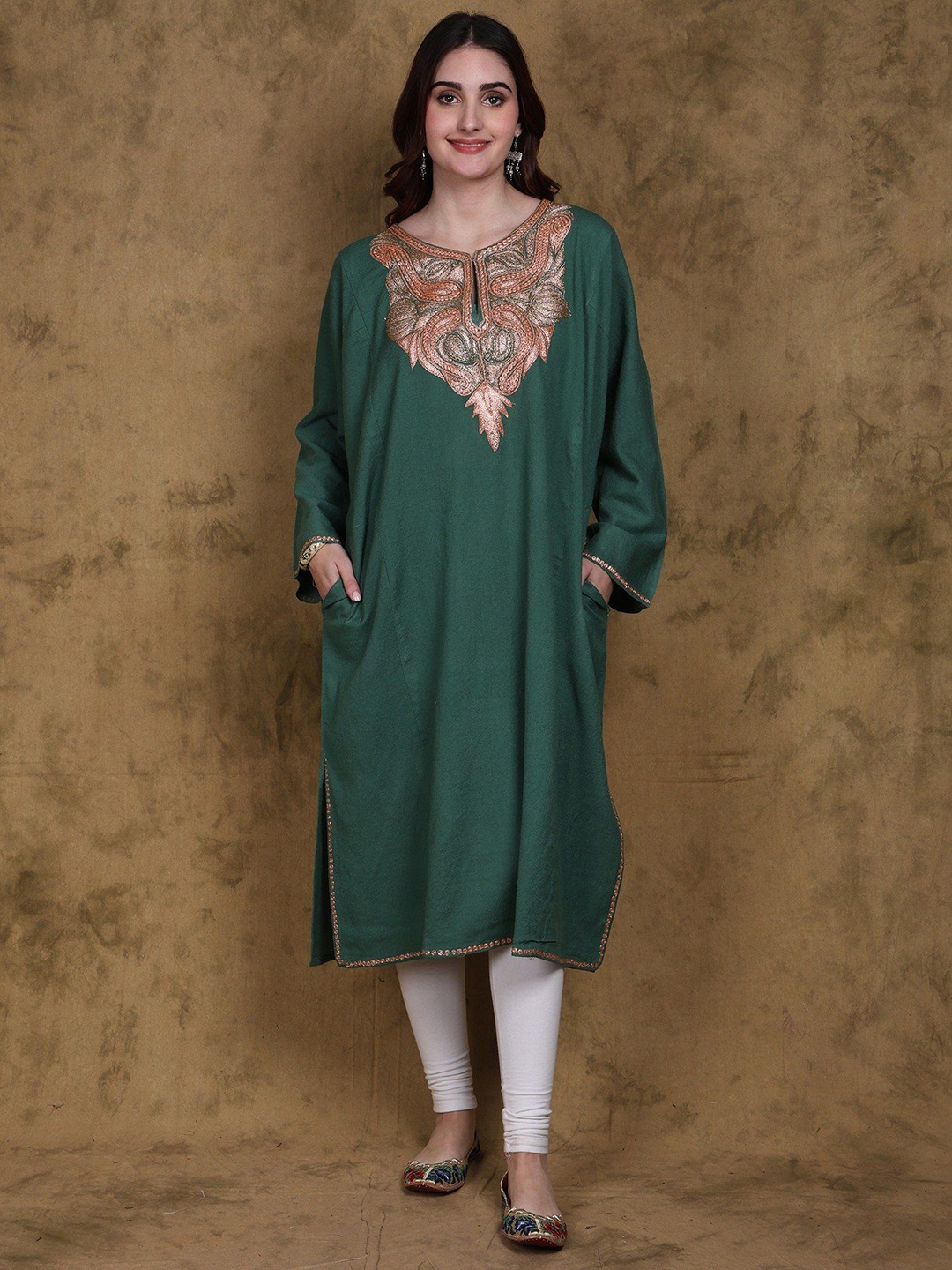 

Exotic India Wool Phiran Kurta with Intricate Tilla Embroidery from Kashmir, Green
