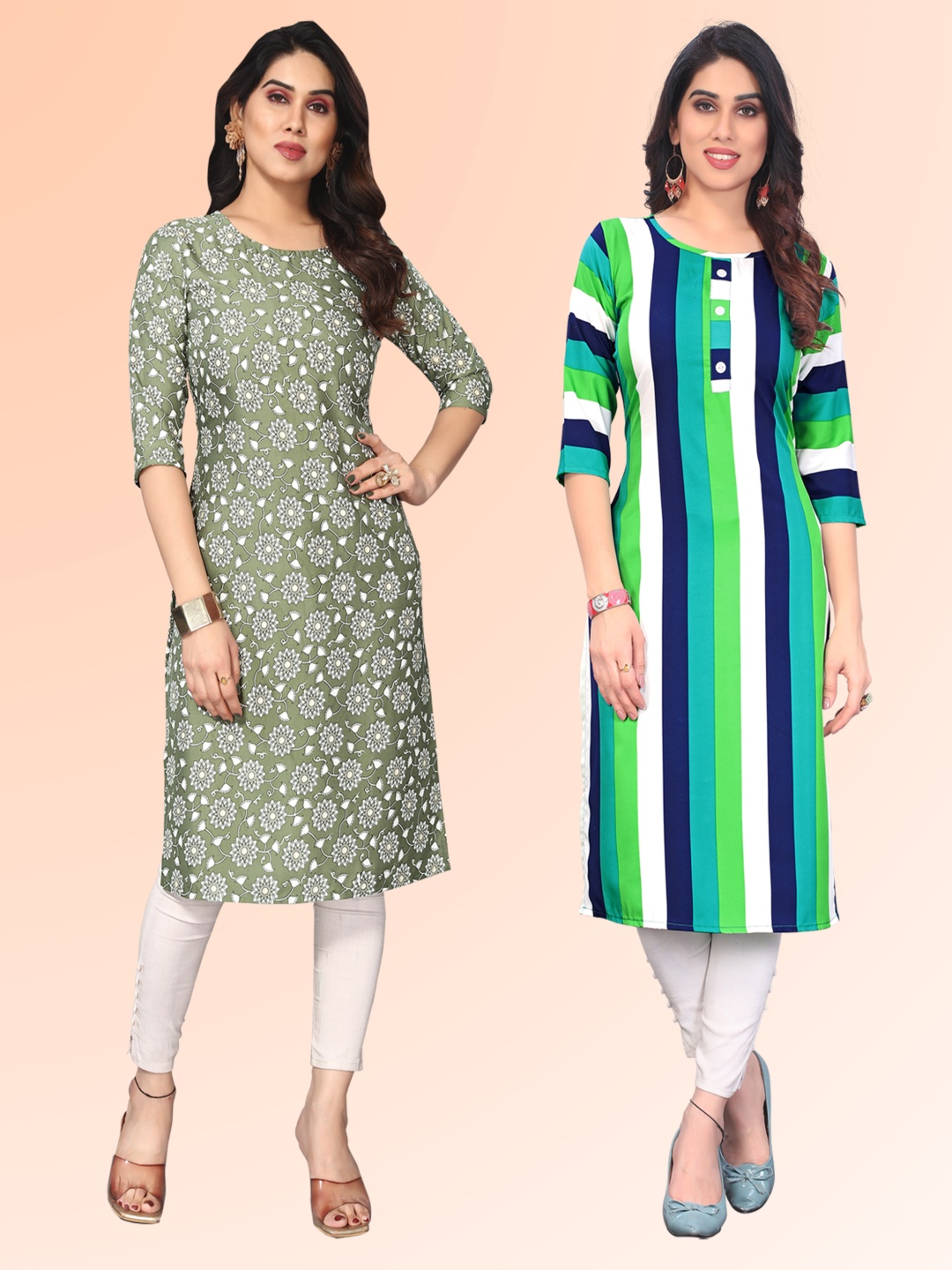 

KETAKI FASHION Selection of 2 Floral Printed Round Neck Straight Kurtas, Green