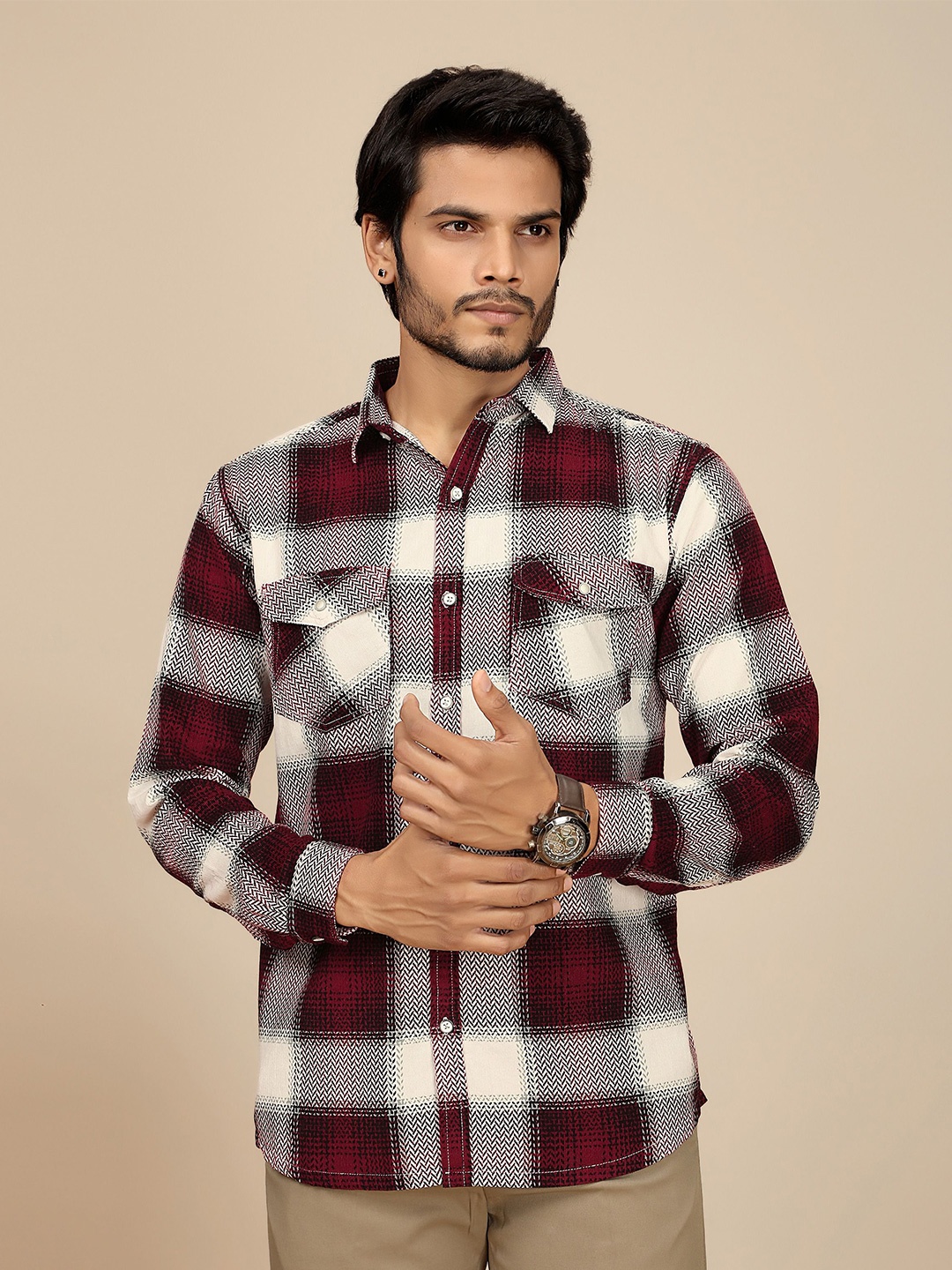 

JOSE N POSE Men Premium Tailored Fit Spread Collar Checked Casual Shirt, Maroon