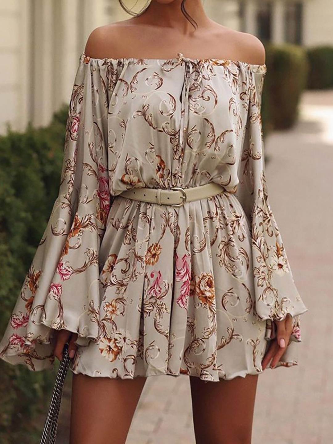 

StyleCast x Revolte Printed Off-Shoulder Sheath Mini Dress With Belt, Khaki