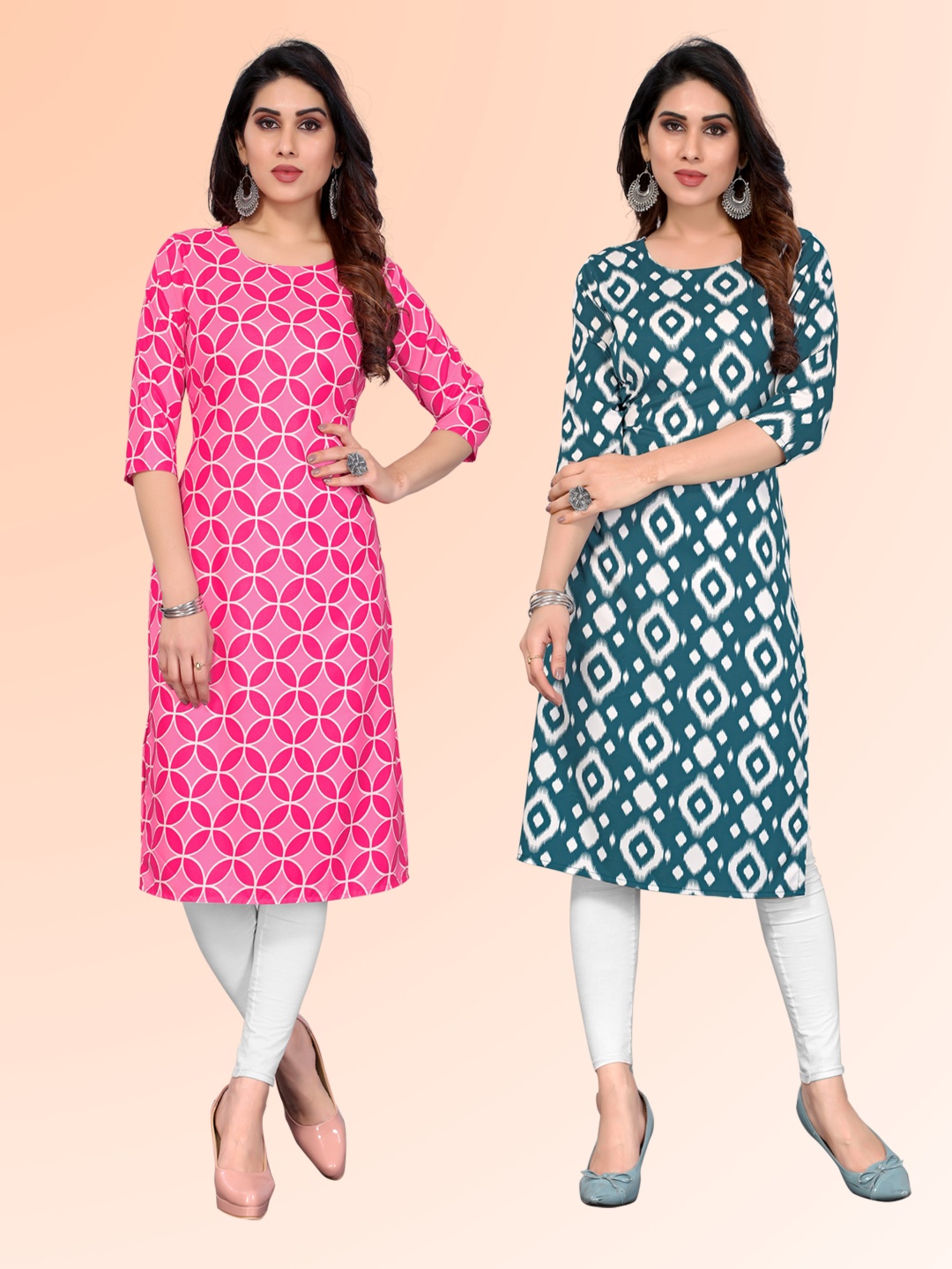 

KETAKI FASHION Selection Of 2 Geometric Printed Round Neck Kurtas, Pink