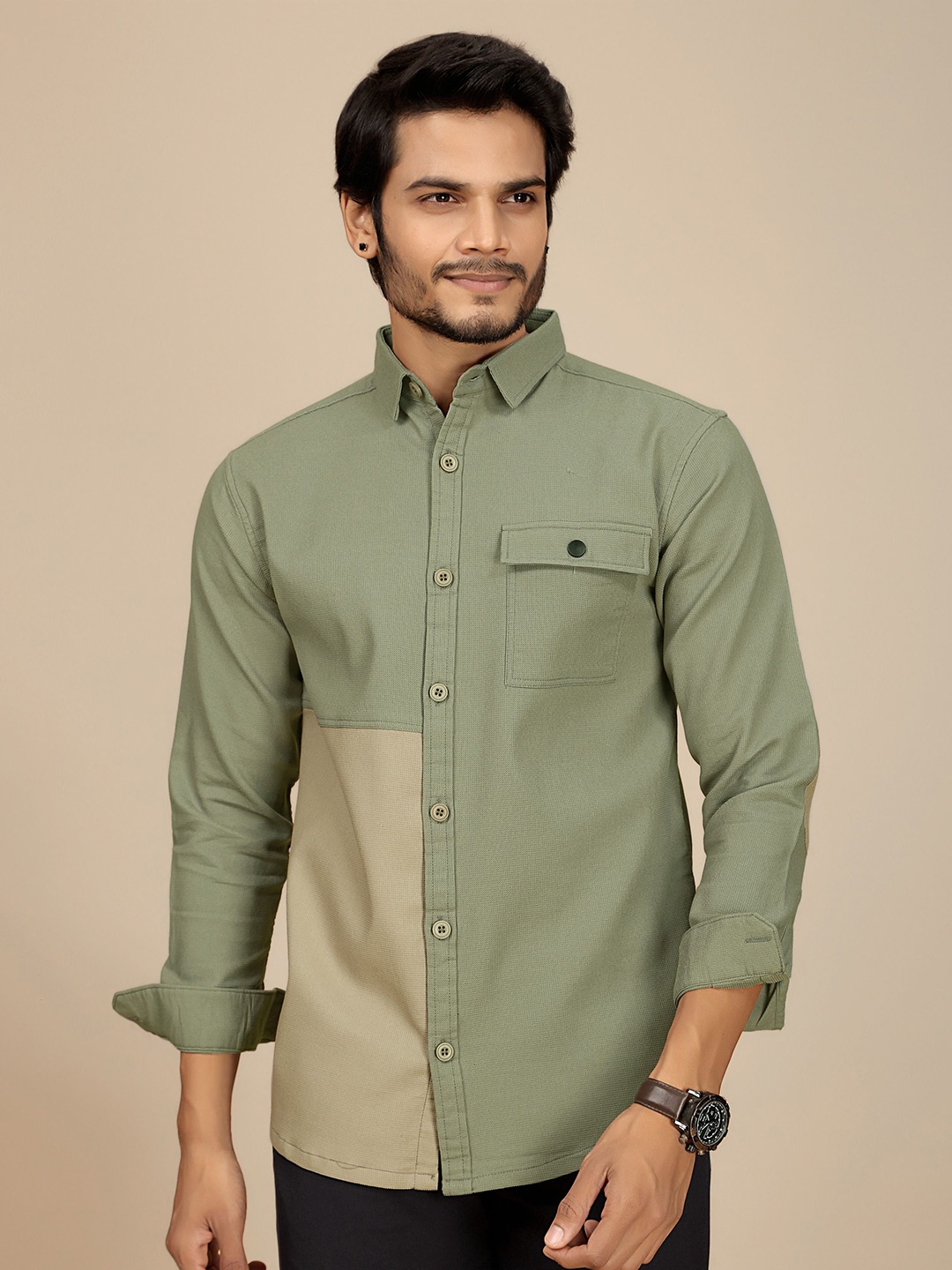 

JOSE N POSE Men Premium Tailored Fit Colourblocked Dobby Casual Shirt, Green