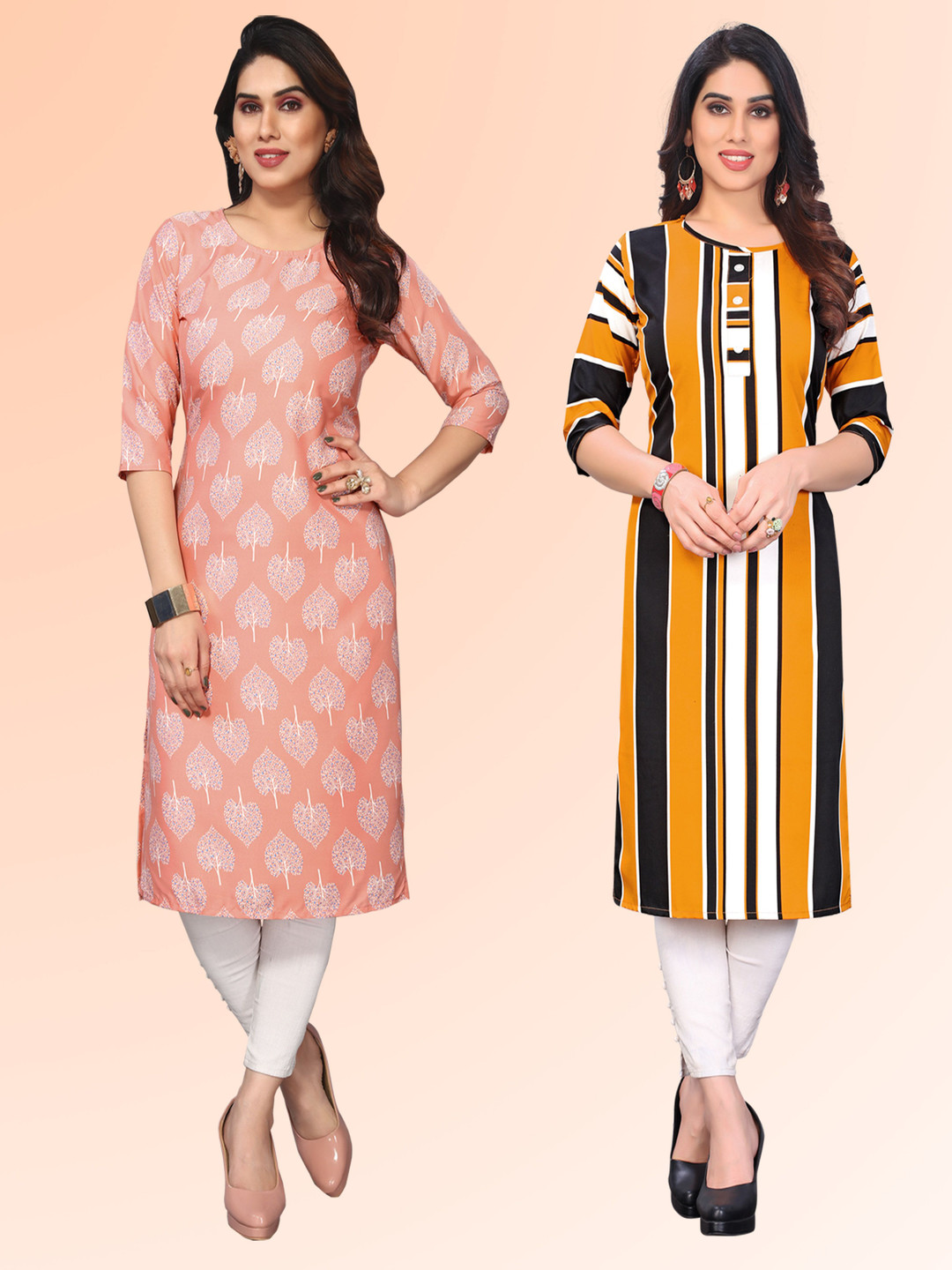 

KETAKI FASHION Selection of 2 Floral Printed Round Neck Straight Kurtas, Peach
