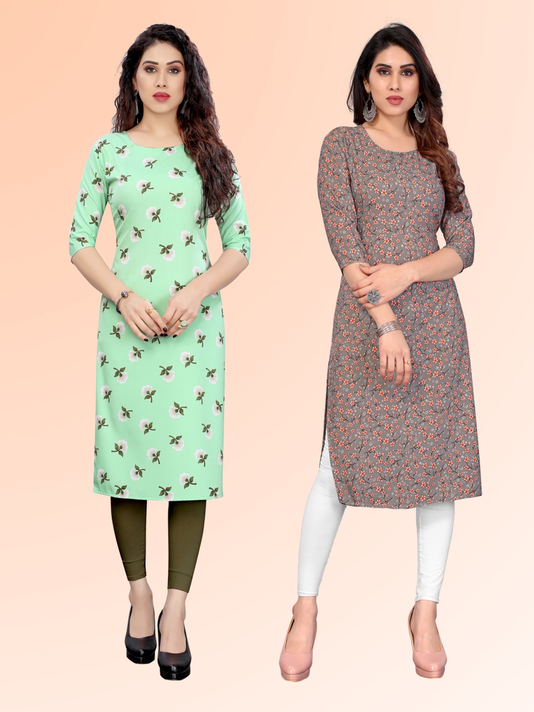

KETAKI FASHION Selection Of 2 Floral Printed Round Neck Straight Kurtas, Green