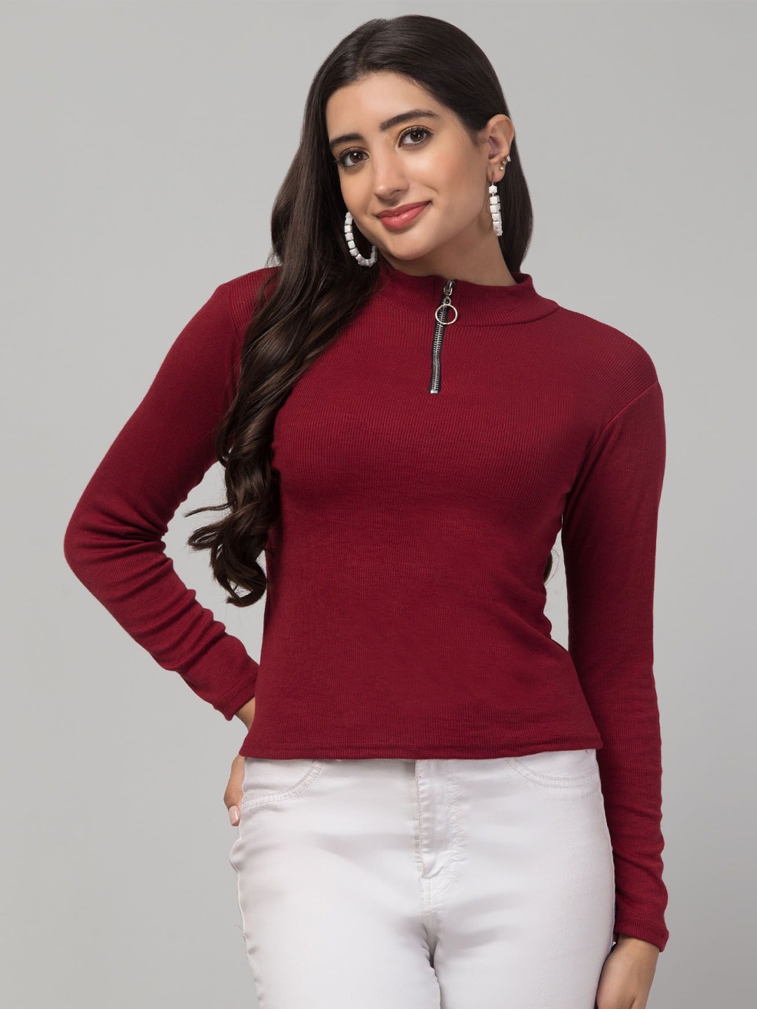 

STYLE PREZONE Women High Neck Fitted Top, Maroon