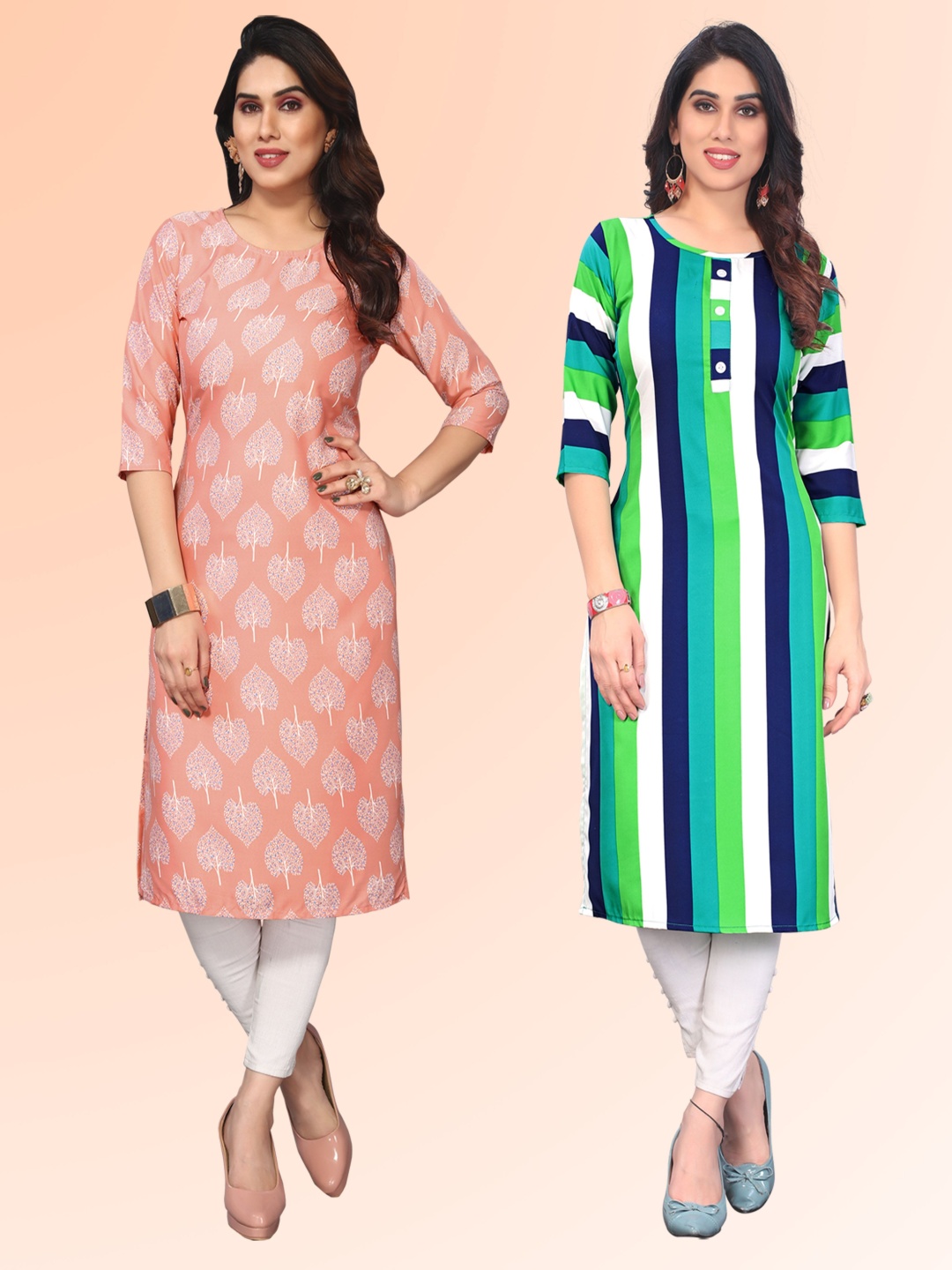 

KETAKI FASHION Selection of 2 Floral Printed Round Neck Straight Kurtas, Peach