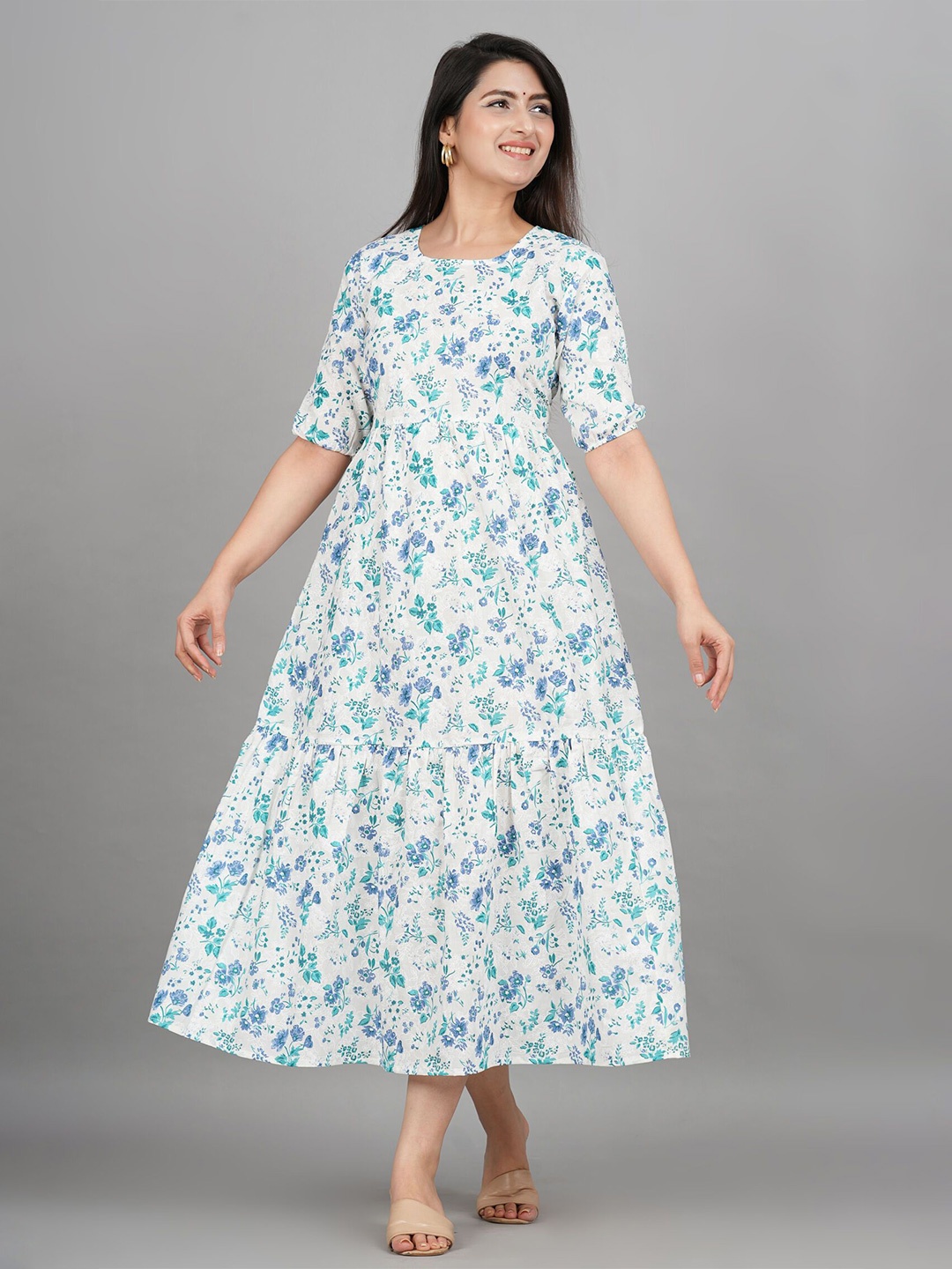

SITA FASHION HUB Women Floral Printed Tiered Pure Cotton A-Line Ethnic Dress, Blue