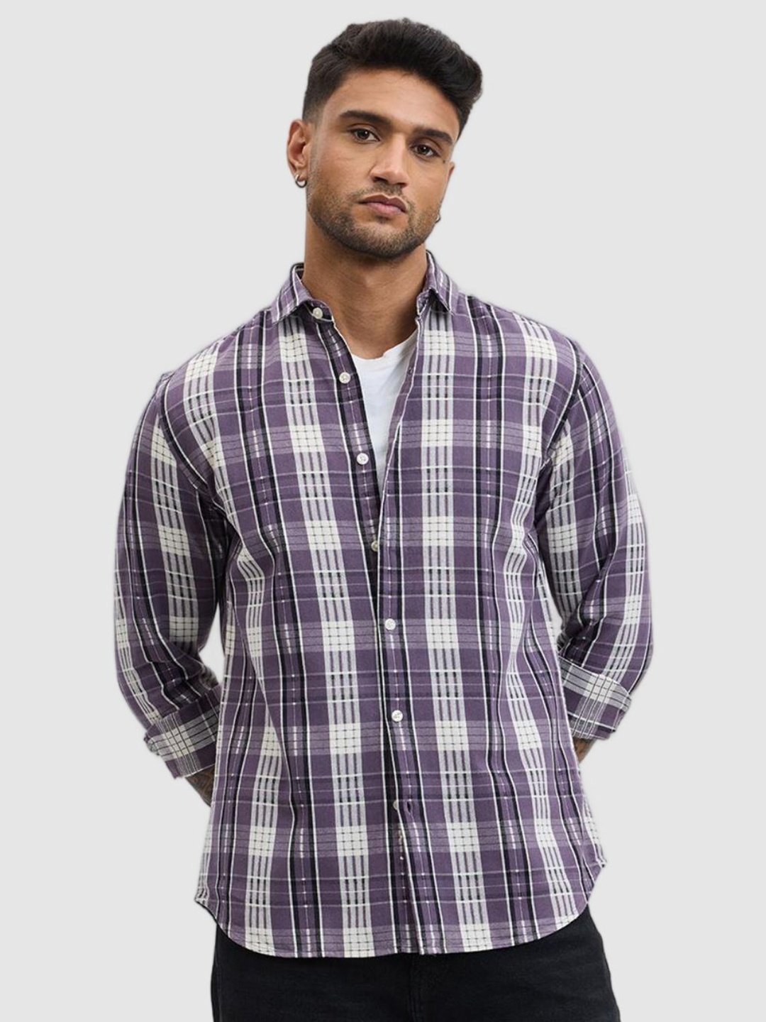 

Snitch Men Smart Fit Spread Collar Tartan Checked Cotton Casual Shirt, Purple