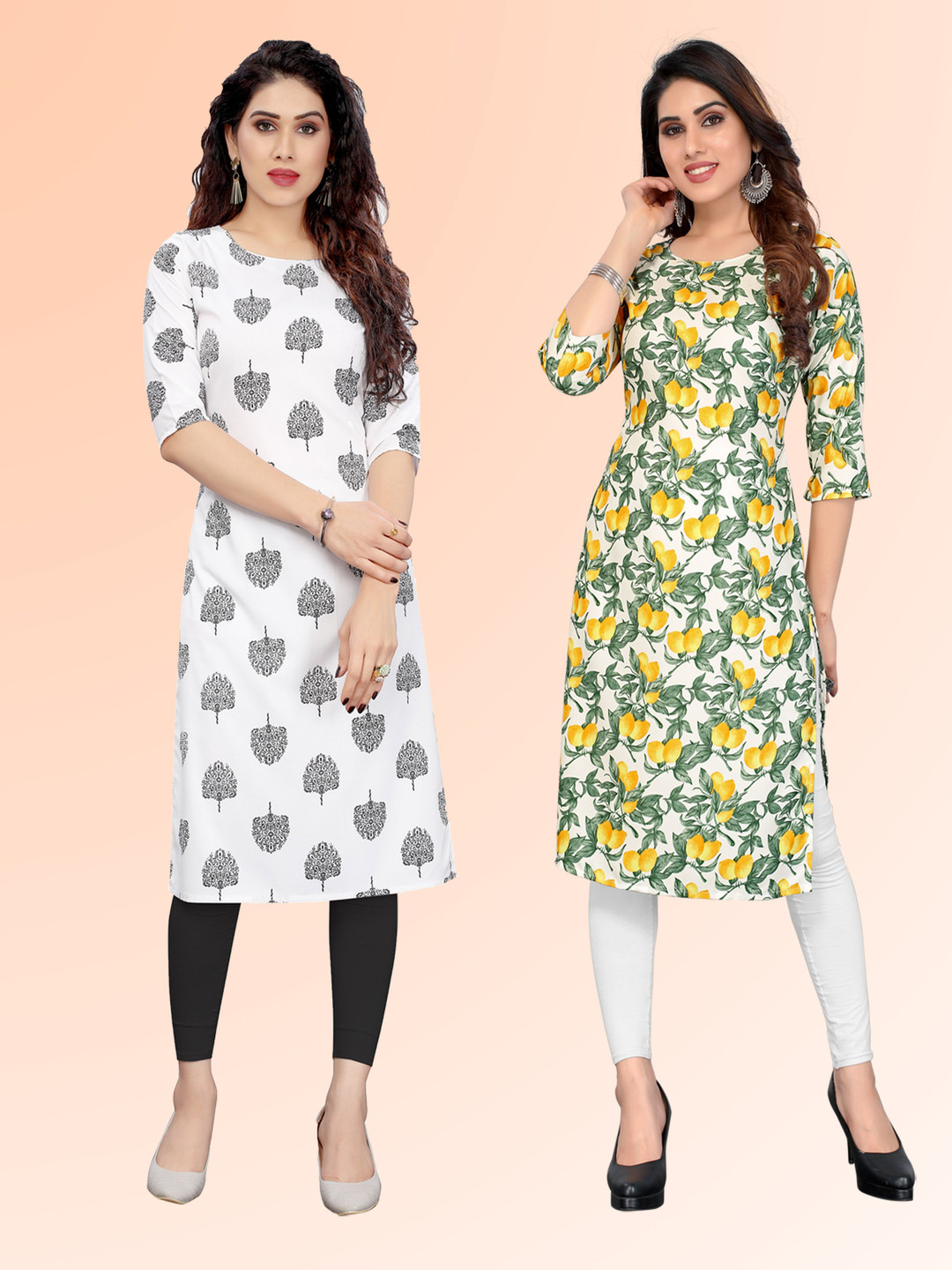 

KETAKI FASHION Selection Of 2 Floral Printed Round Neck Straight Kurtas, Green