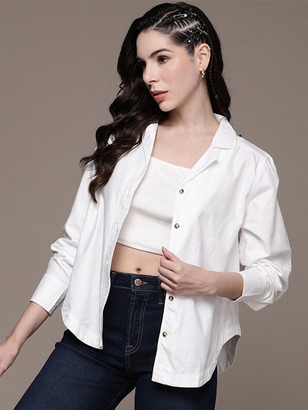 

WHY SO FAB Women Classic Boxy Fit Cuban Collar Solid Cotton Casual Shirt, White