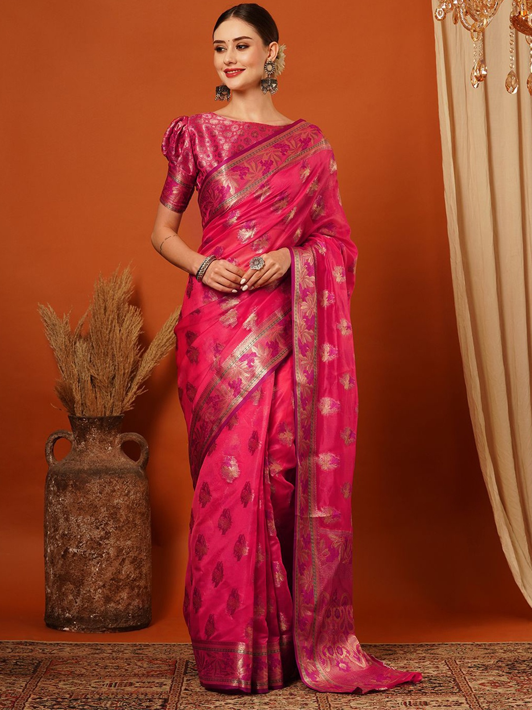 

yourwish Woven Design Zari Organza Banarasi Saree, Pink