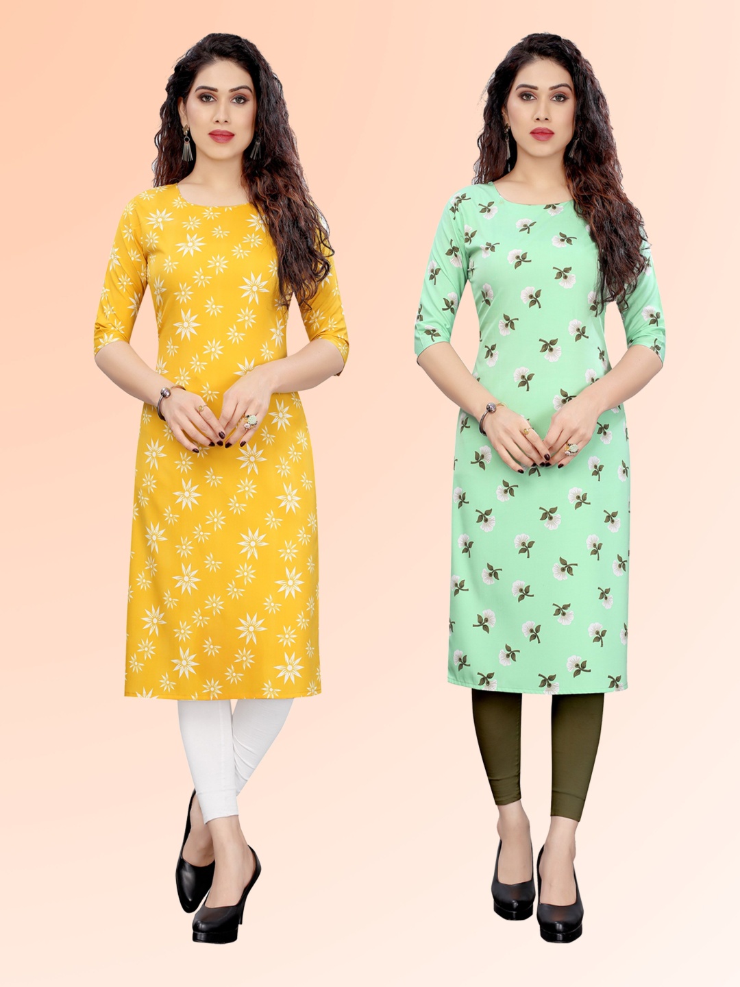 

KETAKI FASHION Selection Of 2 Floral Printed Round Neck Straight Kurtas, Green