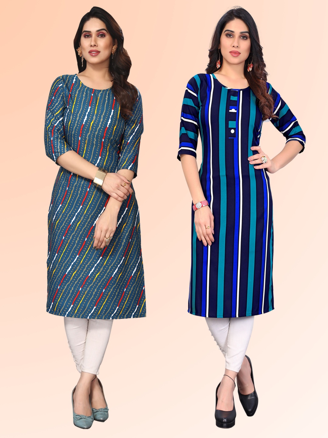 

KETAKI FASHION Selection Of 2 Striped Printed Round Neck Kurtas, Blue