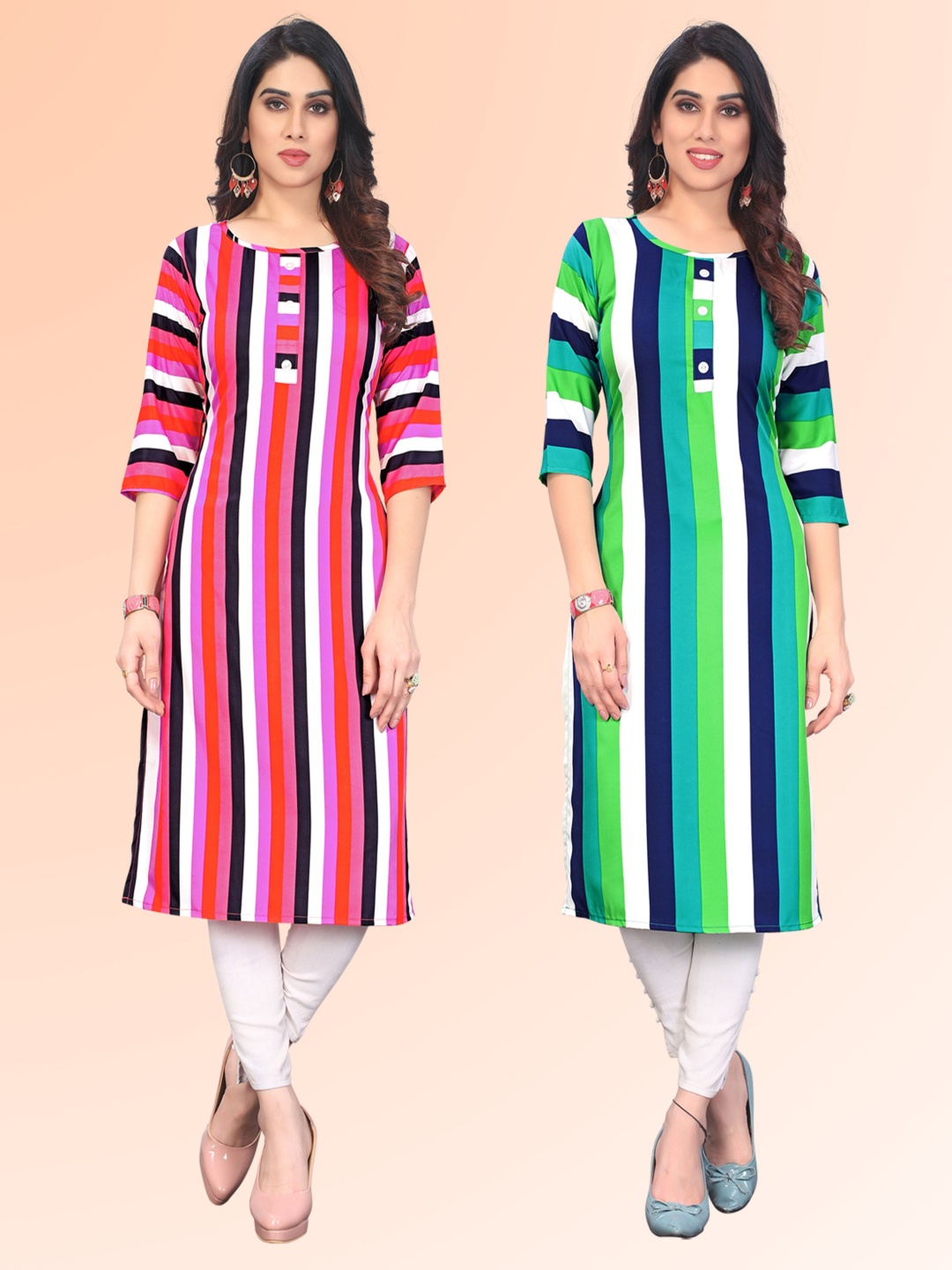 

KETAKI FASHION Selection of 2 Striped Round Neck Straight Kurtas, Pink
