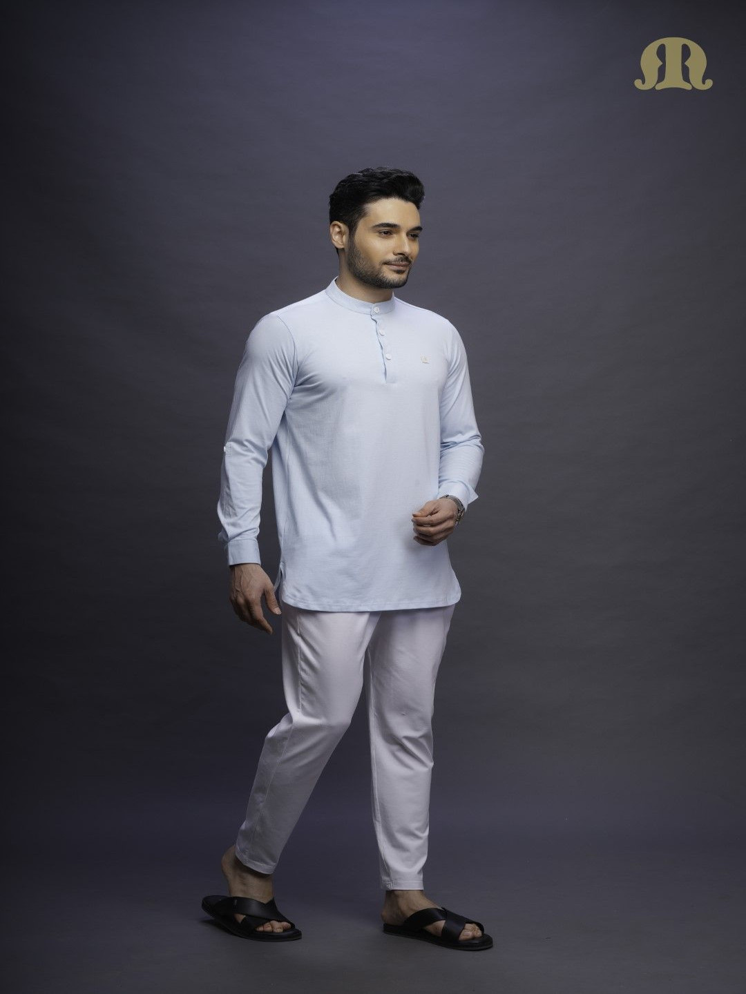 

MASHROO Band Collar Straight Kurta With Pyjamas, Blue