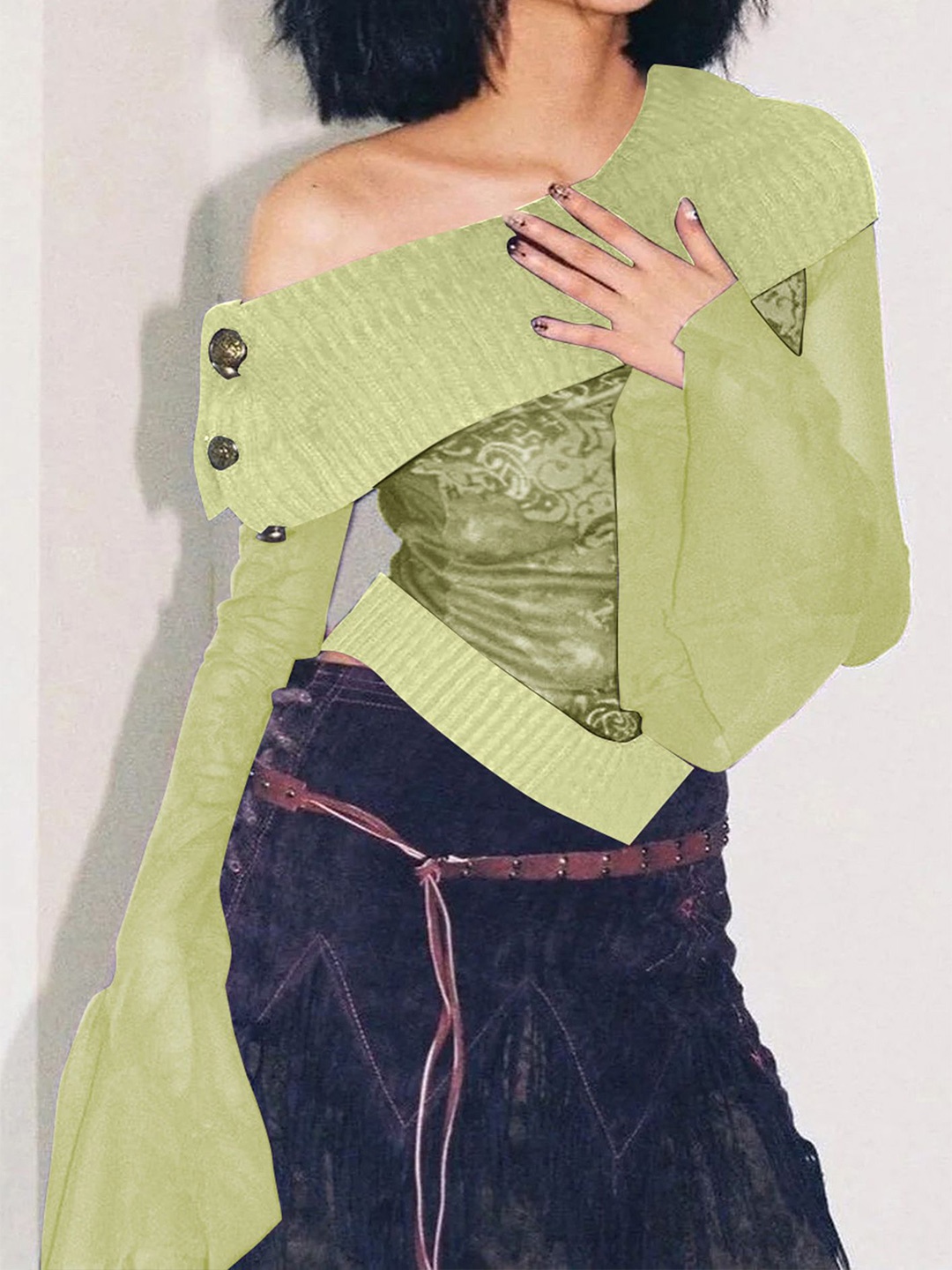 

LULU & SKY Self Design One Shoulder Fitted Top, Green