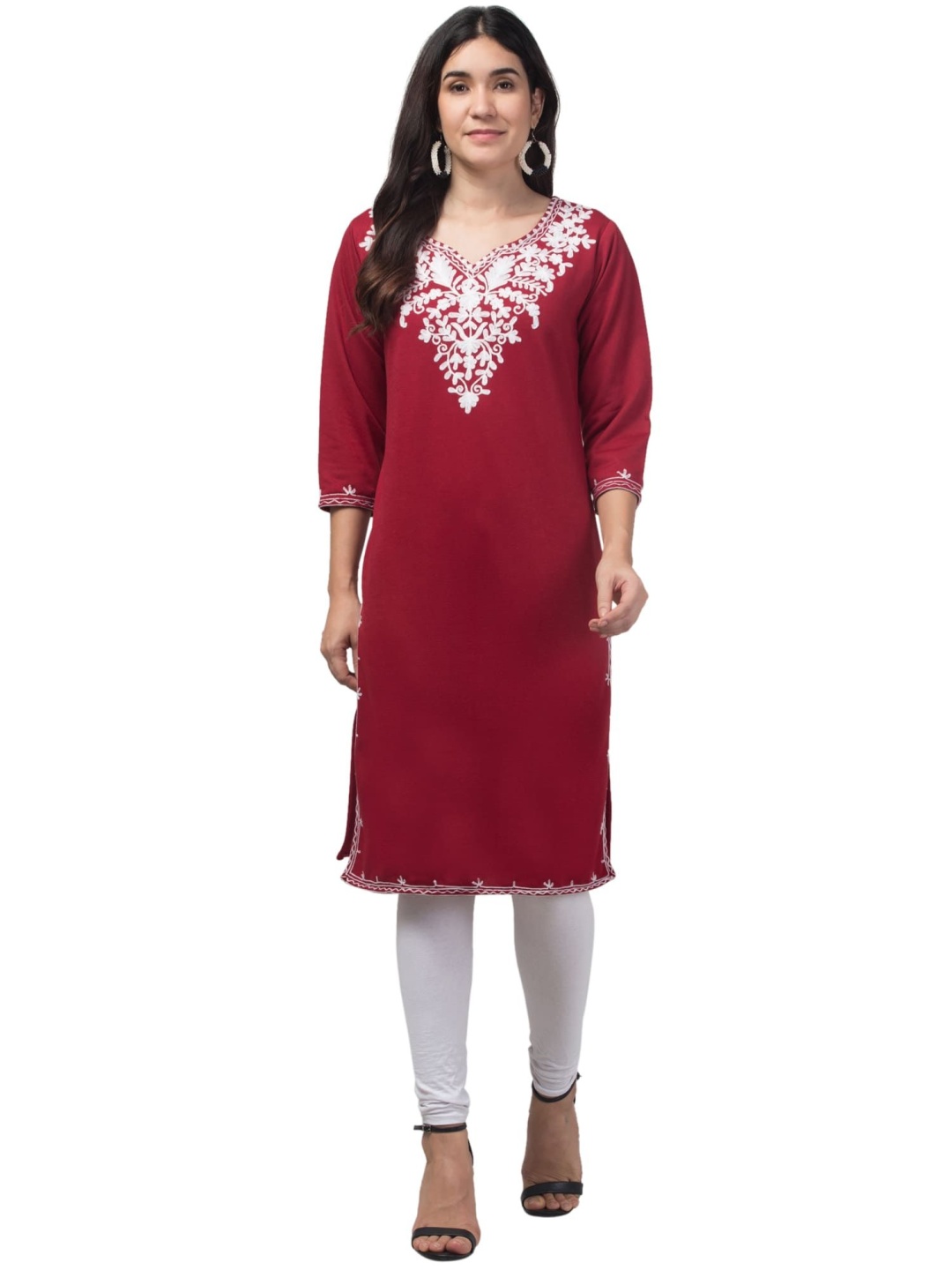 

FAMBEE Embroidered Notch Neck Woolen Straight Kurta, Maroon