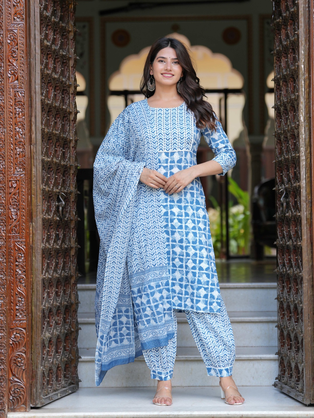 

Mishree Collection Geometric Printed Pure Cotton Straight Kurta With Salwar And Dupatta, Blue