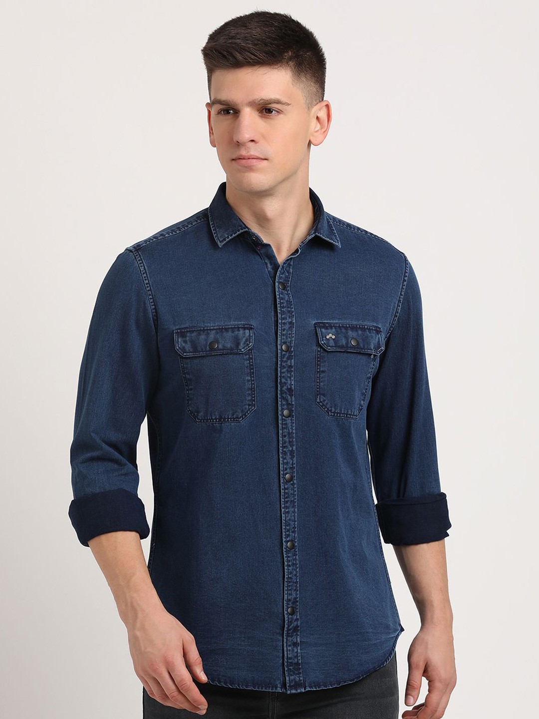 

Turtle Men Relaxed Slim Fit Denim Cotton Casual Shirt, Navy blue