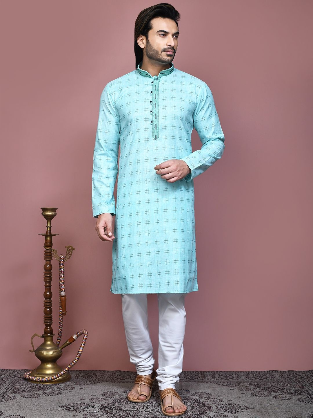 

RANAK Geometrical Printed Cotton Mandarin Collar Straight Kurta, Blue