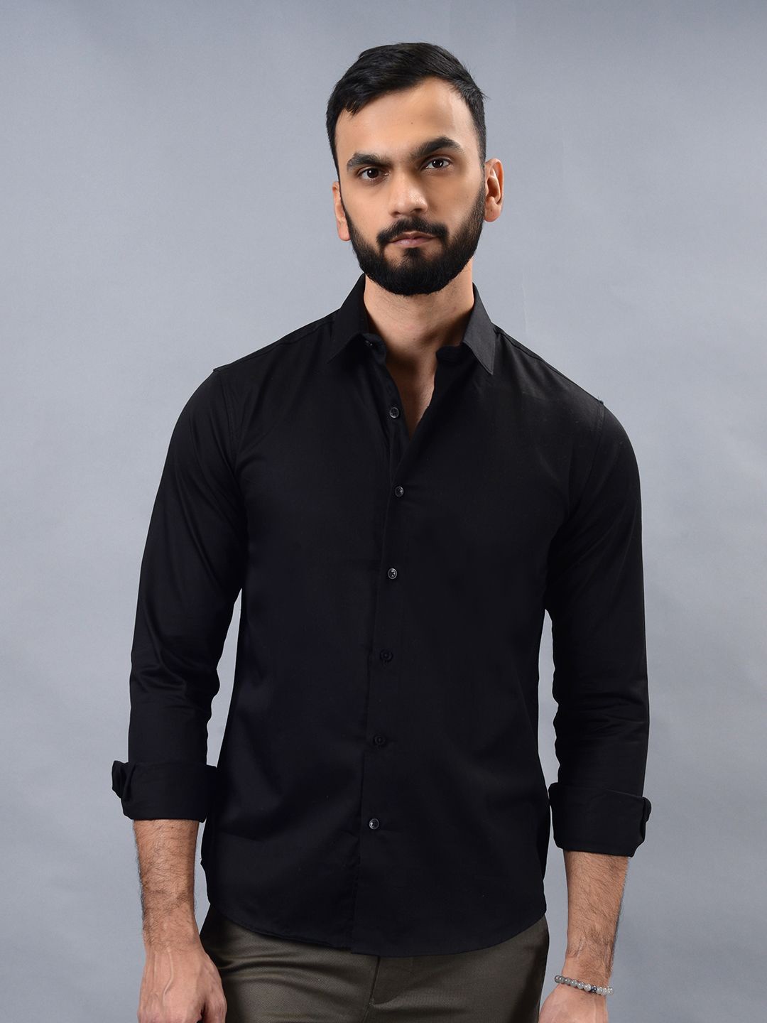 

Greenfibre Men Spread Collar Solid Cotton Casual Shirt, Black