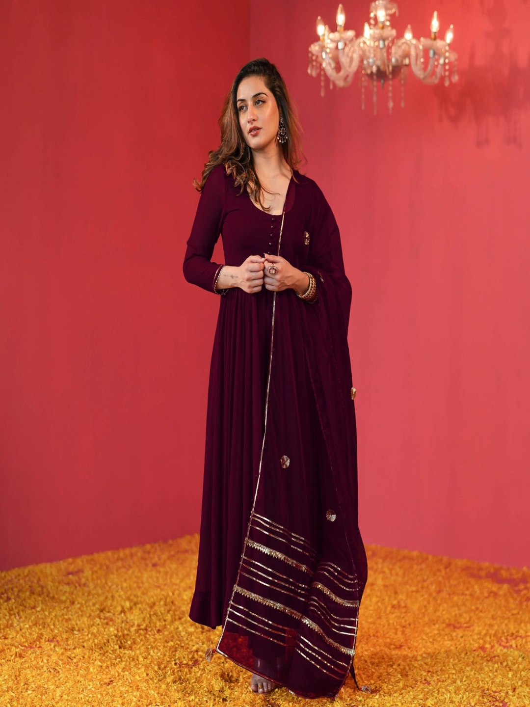 

GoSriKi Anarkali Scoop Neck Kurta With Trousers And Dupatta, Maroon