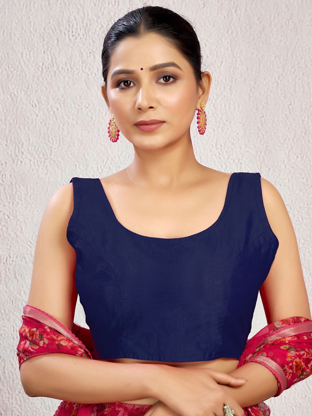 

KALINI Women Silk Round Neck Saree Blouse, Navy blue