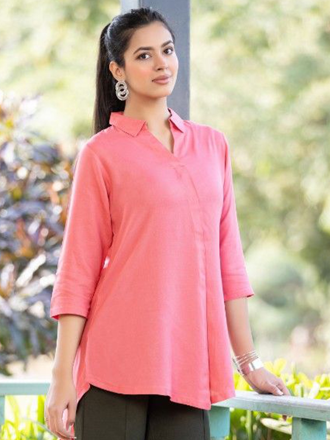 

Mlada Women Shirt Collar Style Rayon Flare Top, Peach