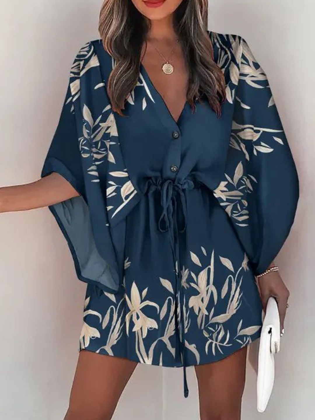 

StyleCast Women Floral Printed Kimono Sleeve Kaftan Mini Dress, Teal