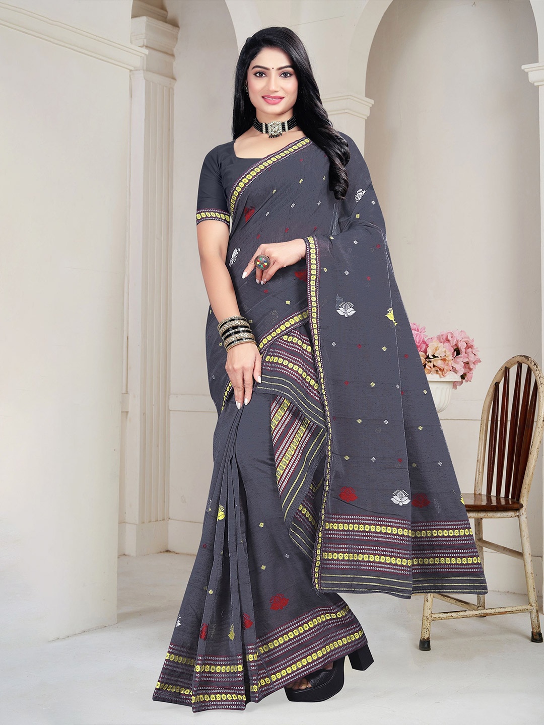 

KAMDAR Poly Paat Nooni Cotton Assamese Mekhela Sador With Unstitched Blouse, Grey