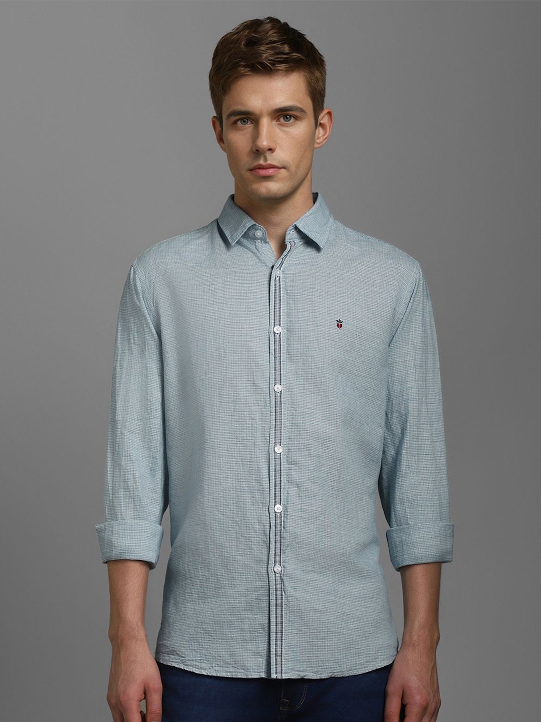 

Louis Philippe Sport Men Textured Self Design Spread Collar Casual Shirt, Blue