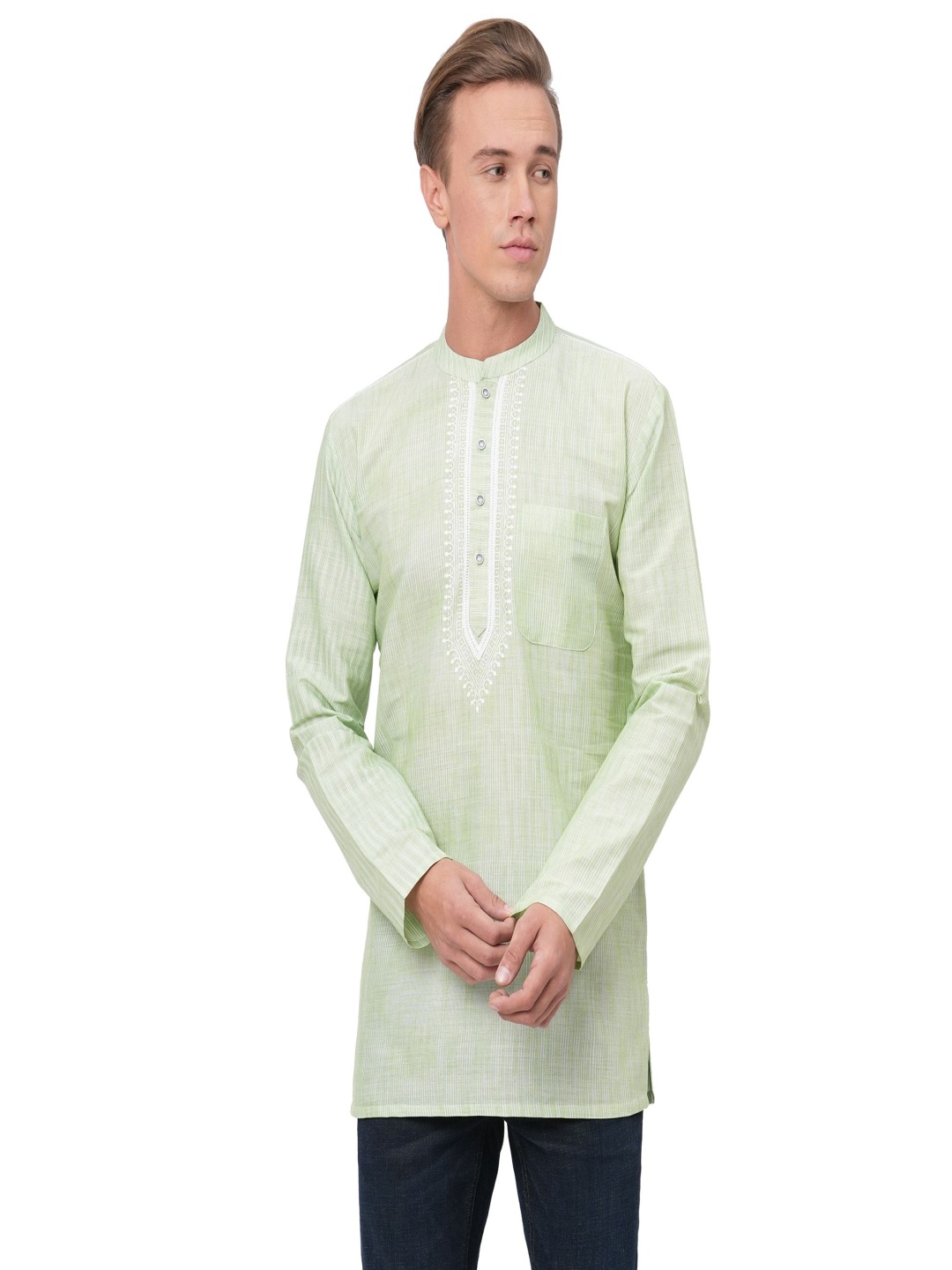 

ARCHATTIRE Striped Printed Mandarin Collar Cotton Straight Short Kurta, Sea green