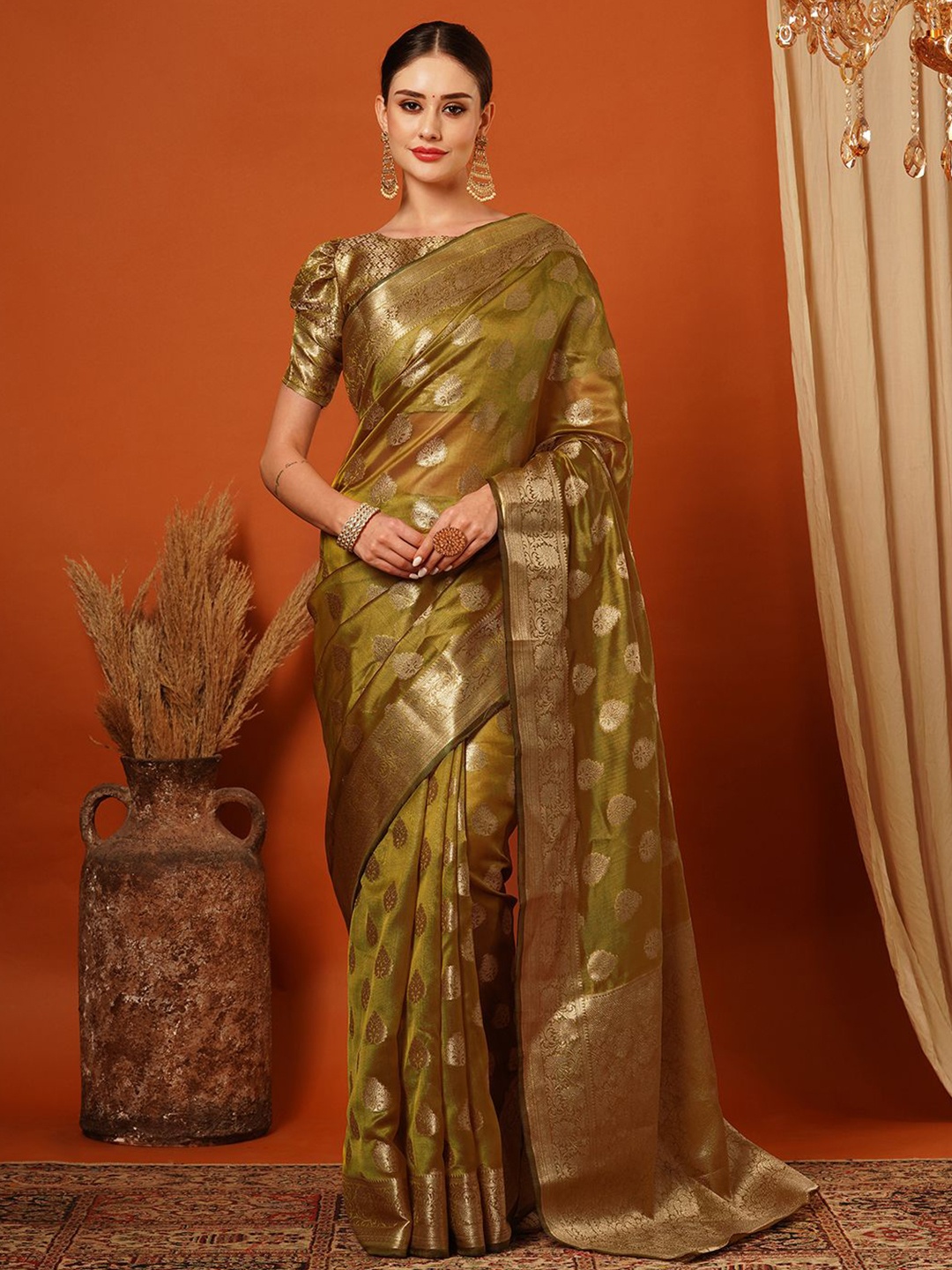 

yourwish Woven Design Zari Organza Banarasi Saree, Olive