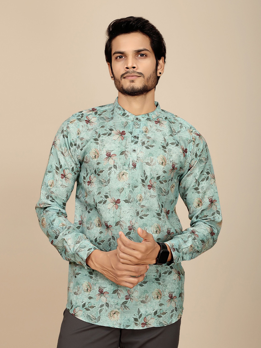 

JOSE N POSE Men Premium Tailored Fit Band Collar Floral Printed Casual Shirt, Sea green