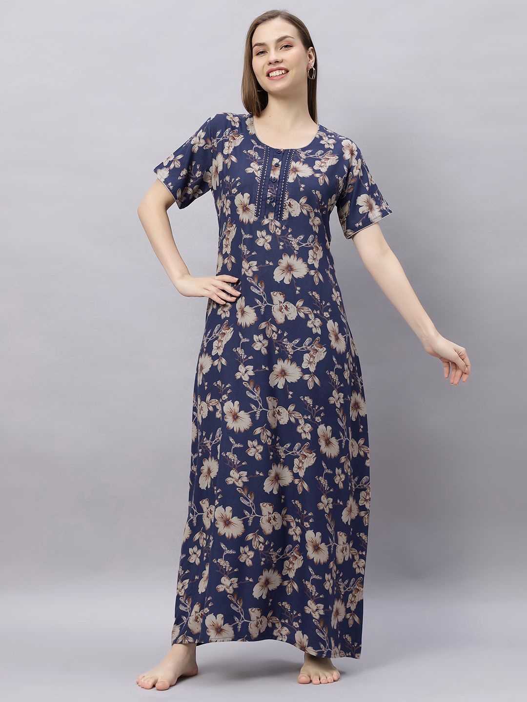 

QUIRA Women Floral Printed Maxi Nightdress, Blue