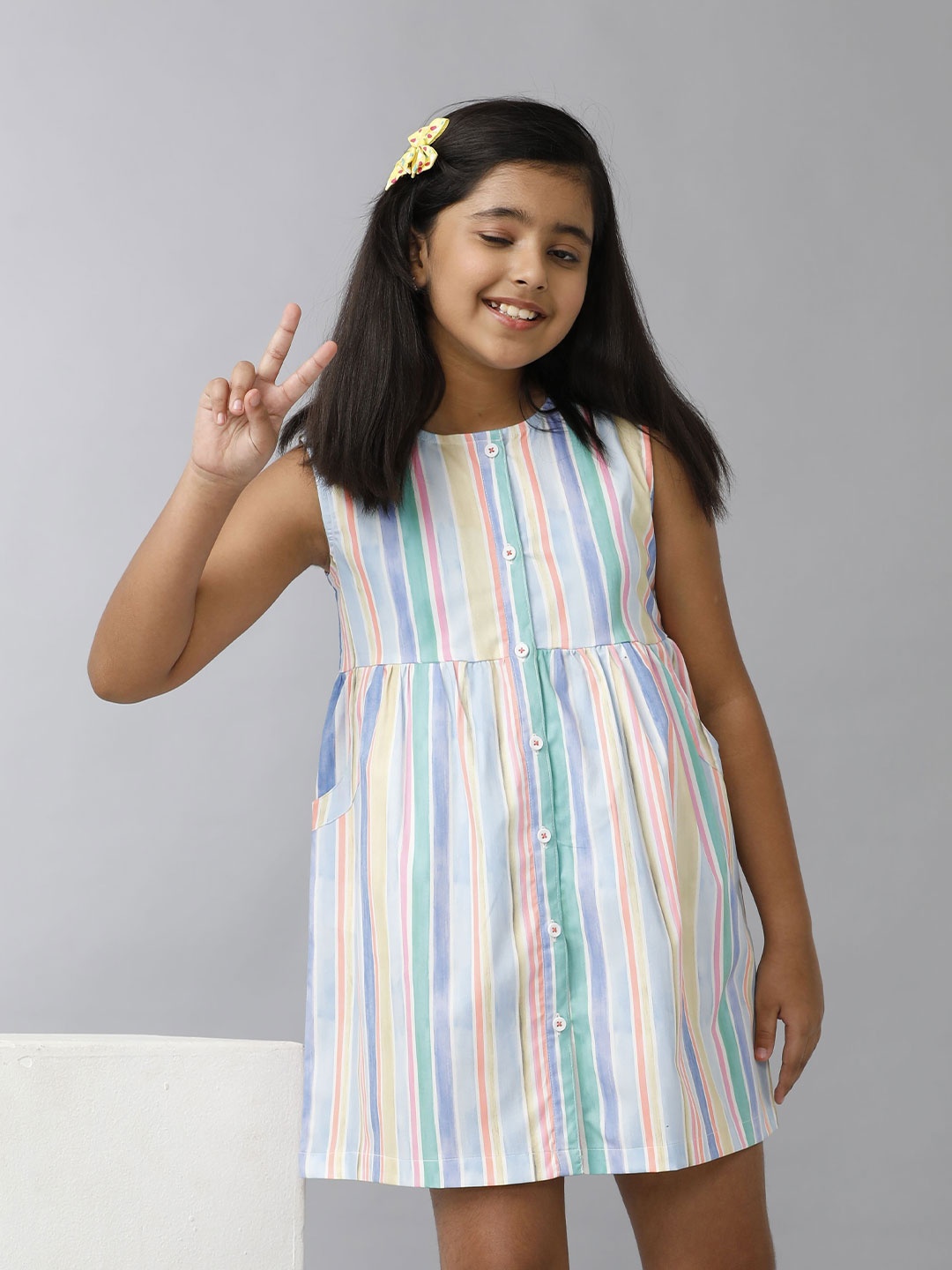 

UNDER FOURTEEN ONLY Girls Striped Cotton A-Line Dress, Blue