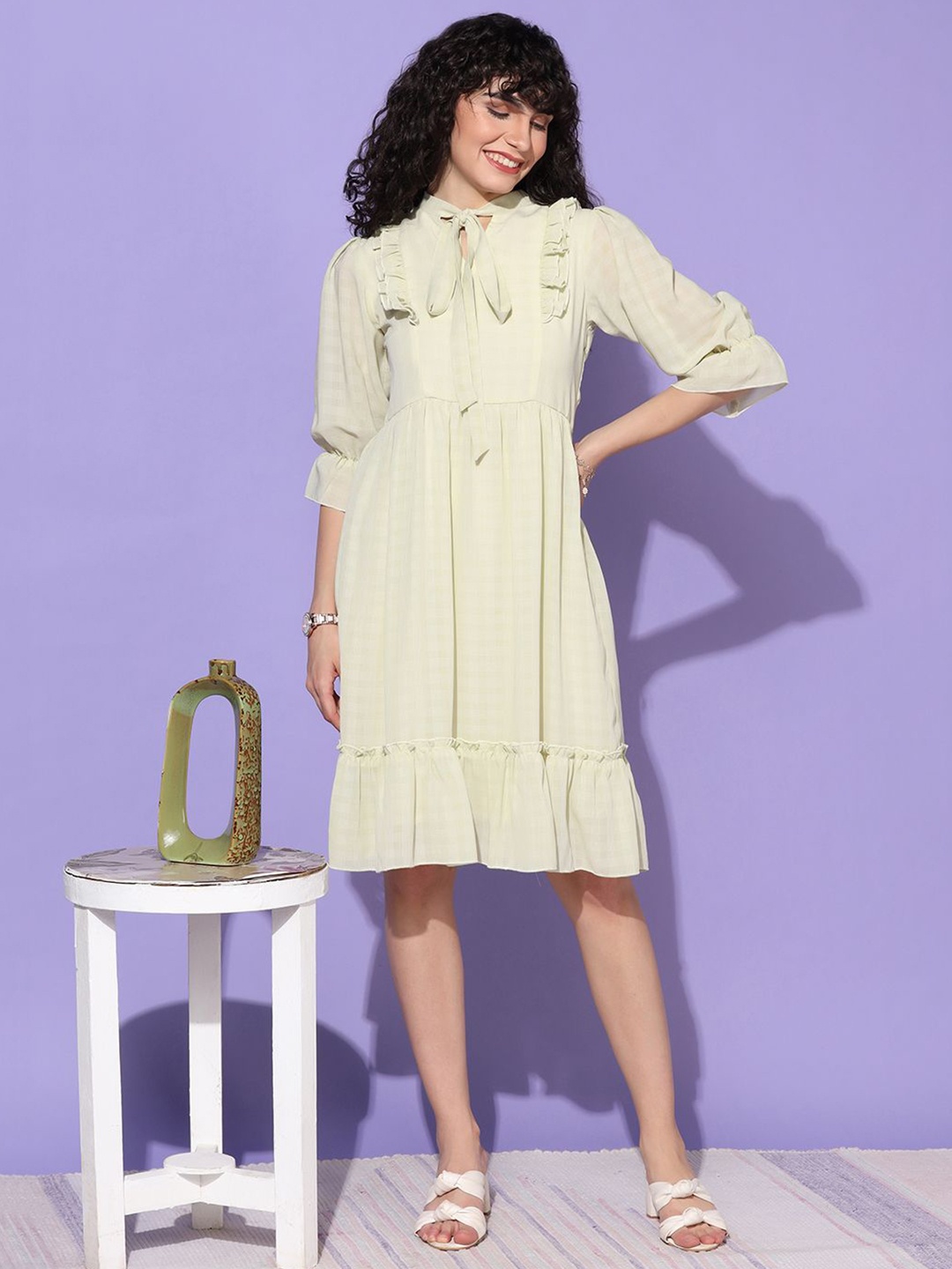 

Moda Rapido Tie-Up Neck Ruffles Fit and Flare Dress, Green