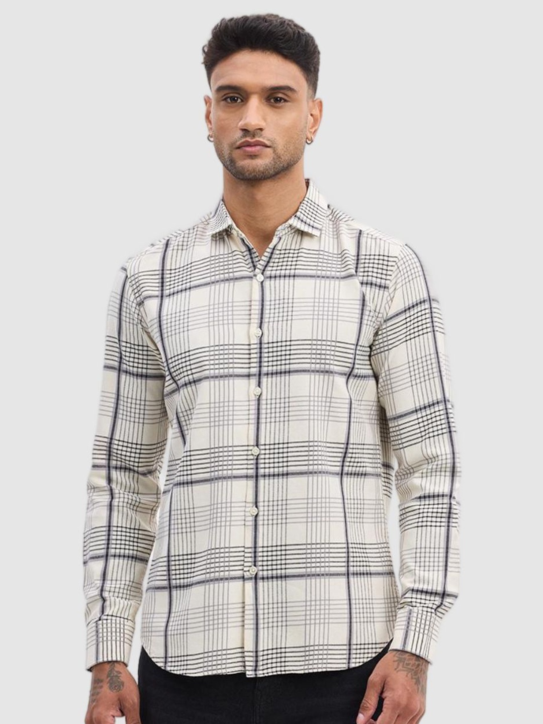 

Snitch Men Smart Fit Spread Collar Tartan Checked Cotton Casual Shirt, Cream