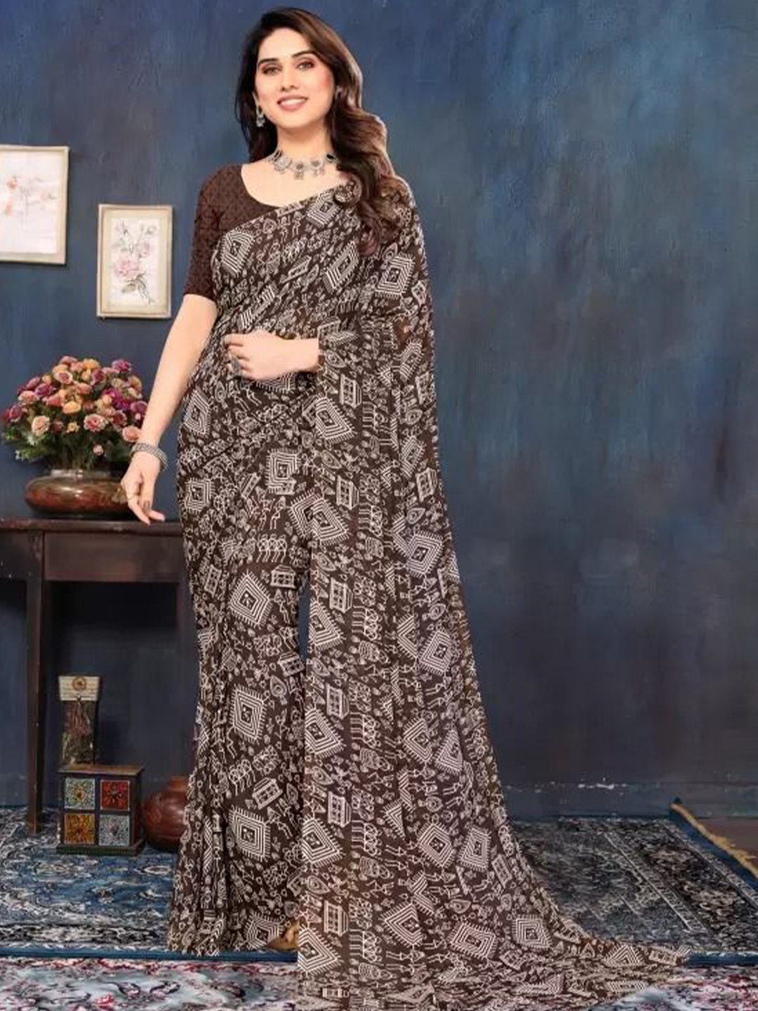 

SAADHVI Warli Printed Pure Georgette Saree, Brown