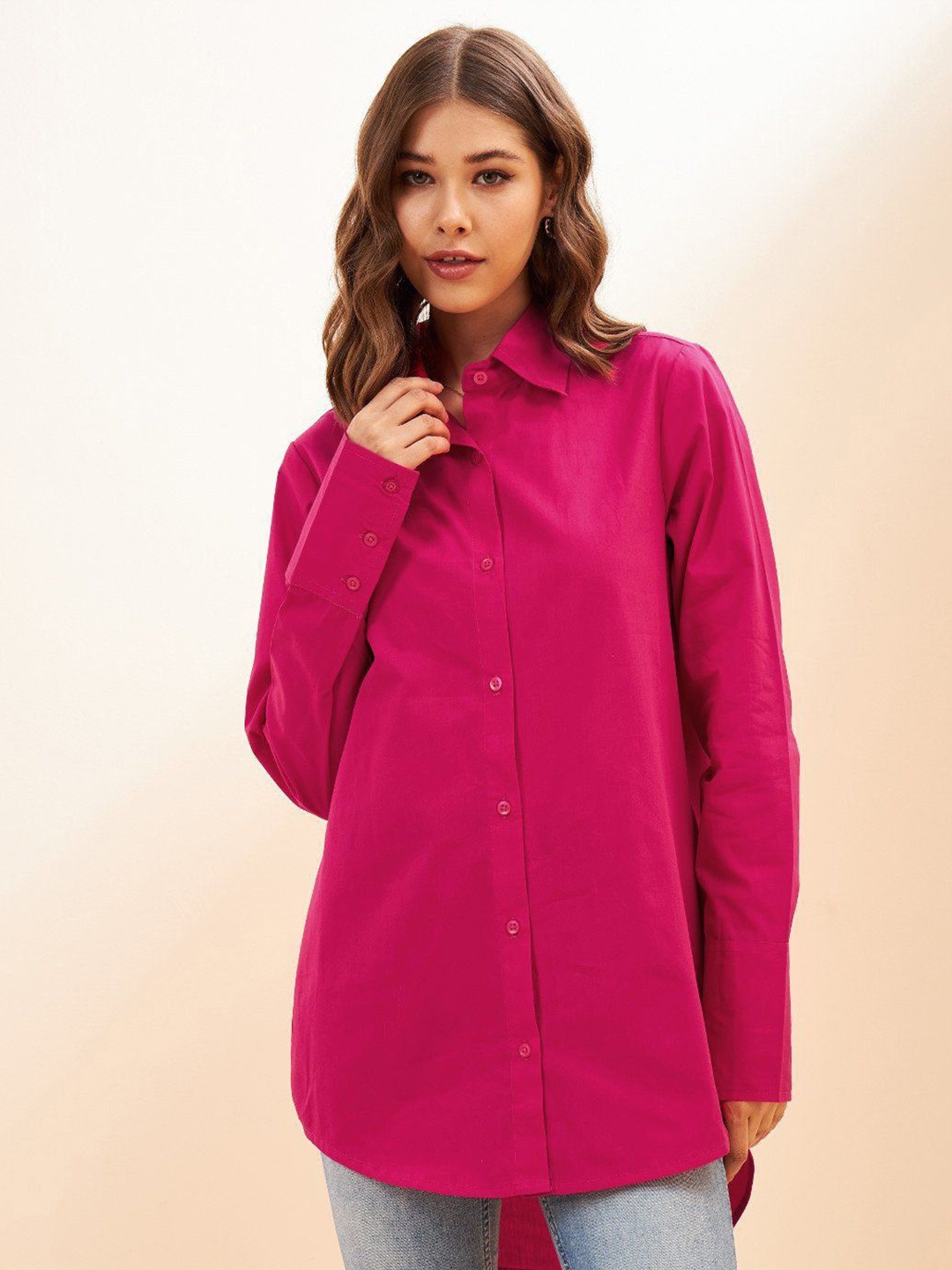 

WHY SO FAB Women Comfort Oversized Fit Spread Collar Solid Cotton Casual Shirt, Pink