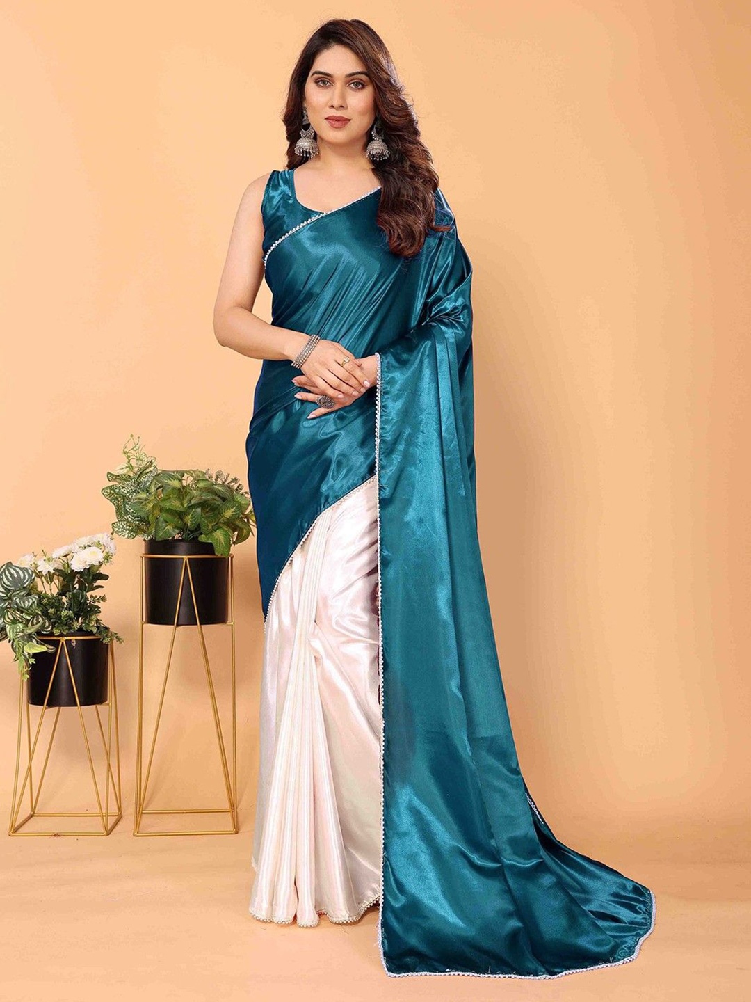 

APNISHA Beads & Stones Satin Half and Half Saree, Teal