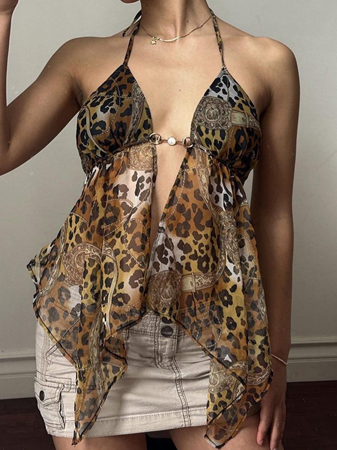 

LULU & SKY Animal Printed Halter Neck Styled Back Top, Brown