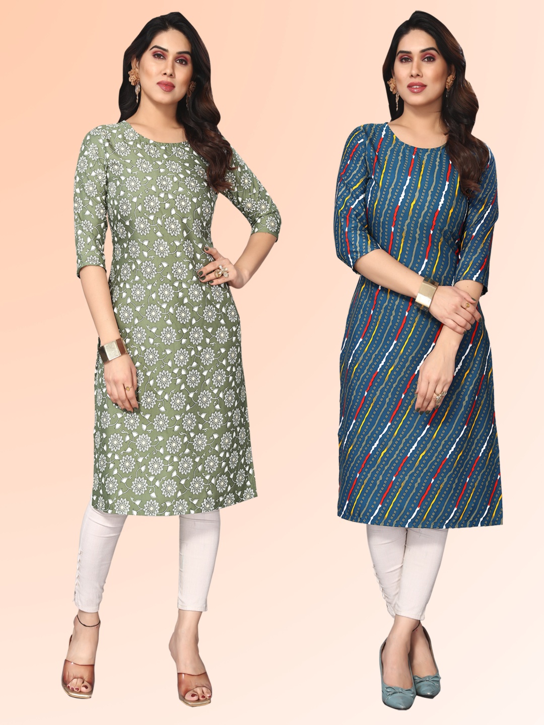 

KETAKI FASHION Selection of 2 Floral Printed Round Neck Straight Kurtas, Green